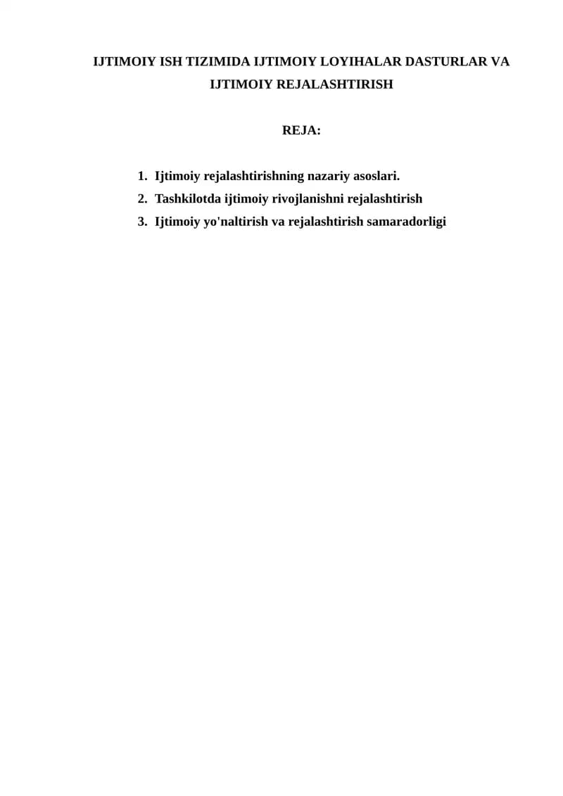 Ijtimoiy Ish Tizimida Ijtimoiy Loyihalar Dasturlar va Ijtimoiy Rejalashtirish