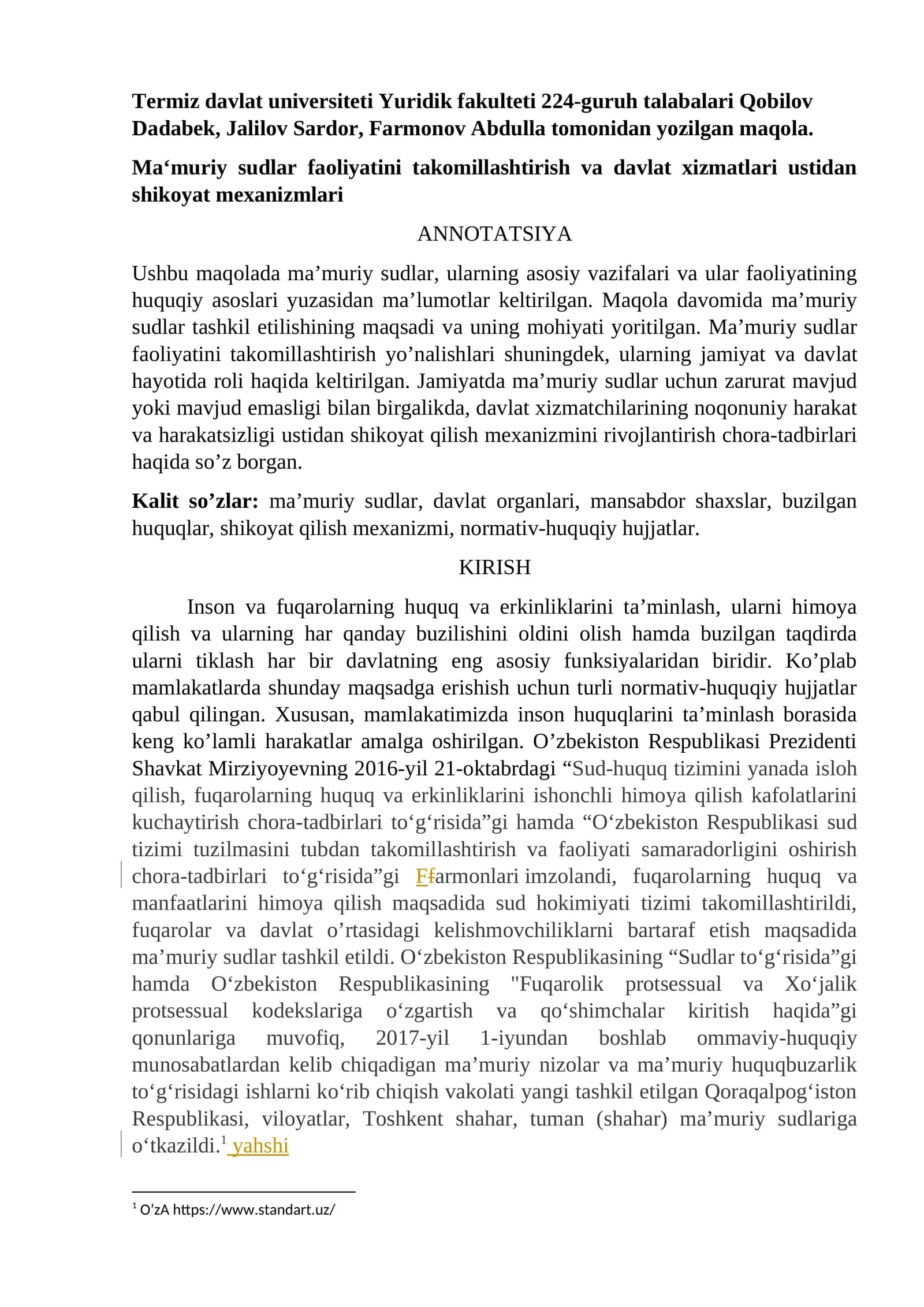 Ma'muriy sudlar faoliyatini takomillashtirish va davlat xizmatlari ustidan shikoyat mexanizmlari