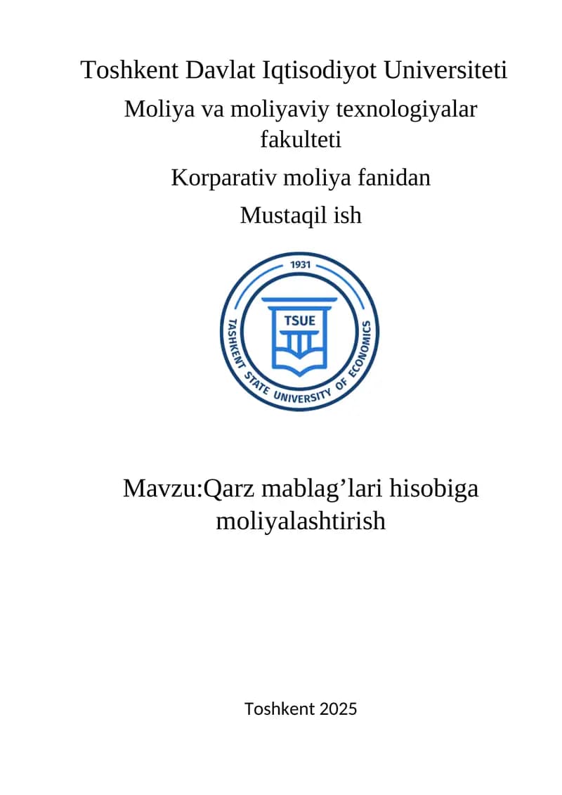 Qarz mablag’lari hisobiga moliyalashtirish