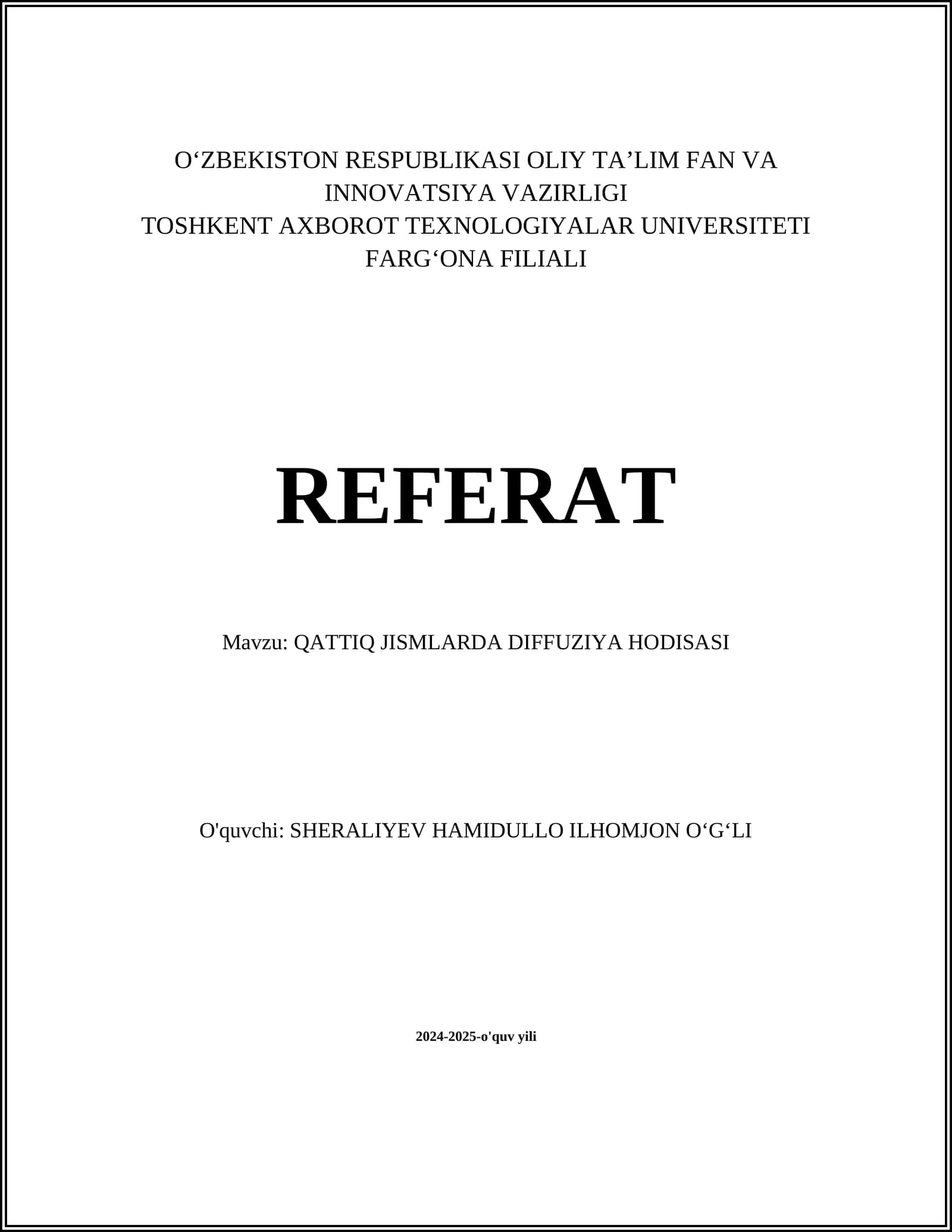 QATTIQ JISMLARDA DIFFUZIYA HODISASI