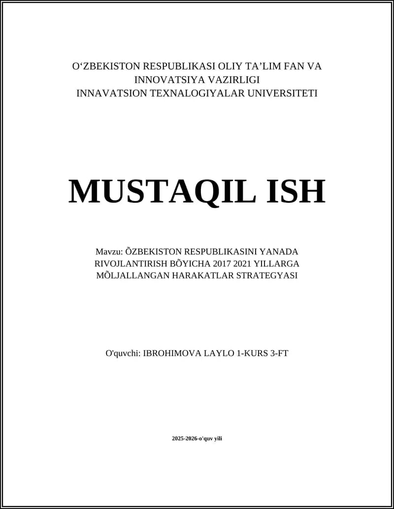 O‘zbekiston Respublikasini yanada rivojlantirish bo‘yicha 2017-2021 YILLARGA MÕLJALLANGAN HARAKATLAR STRATEGYASI