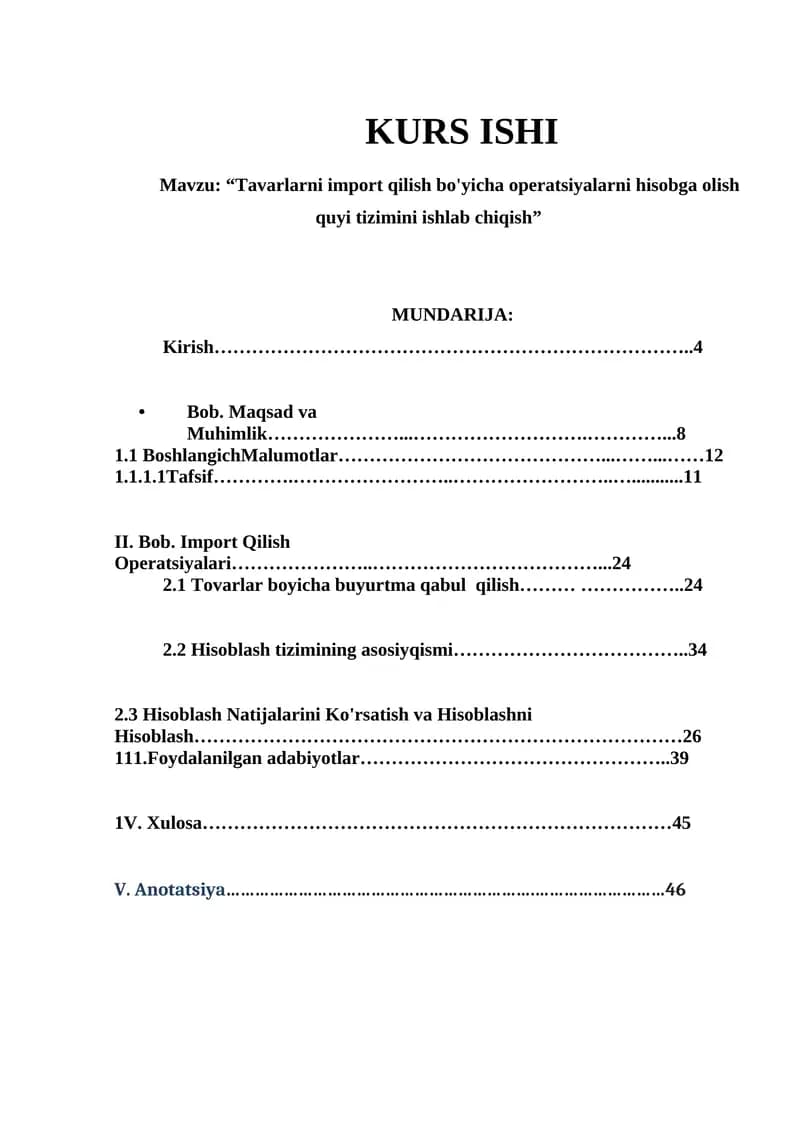 Tavarlarni import qilish bo'yicha operatsiyalarni hisobga olish quyi tizimini ishlab chiqish