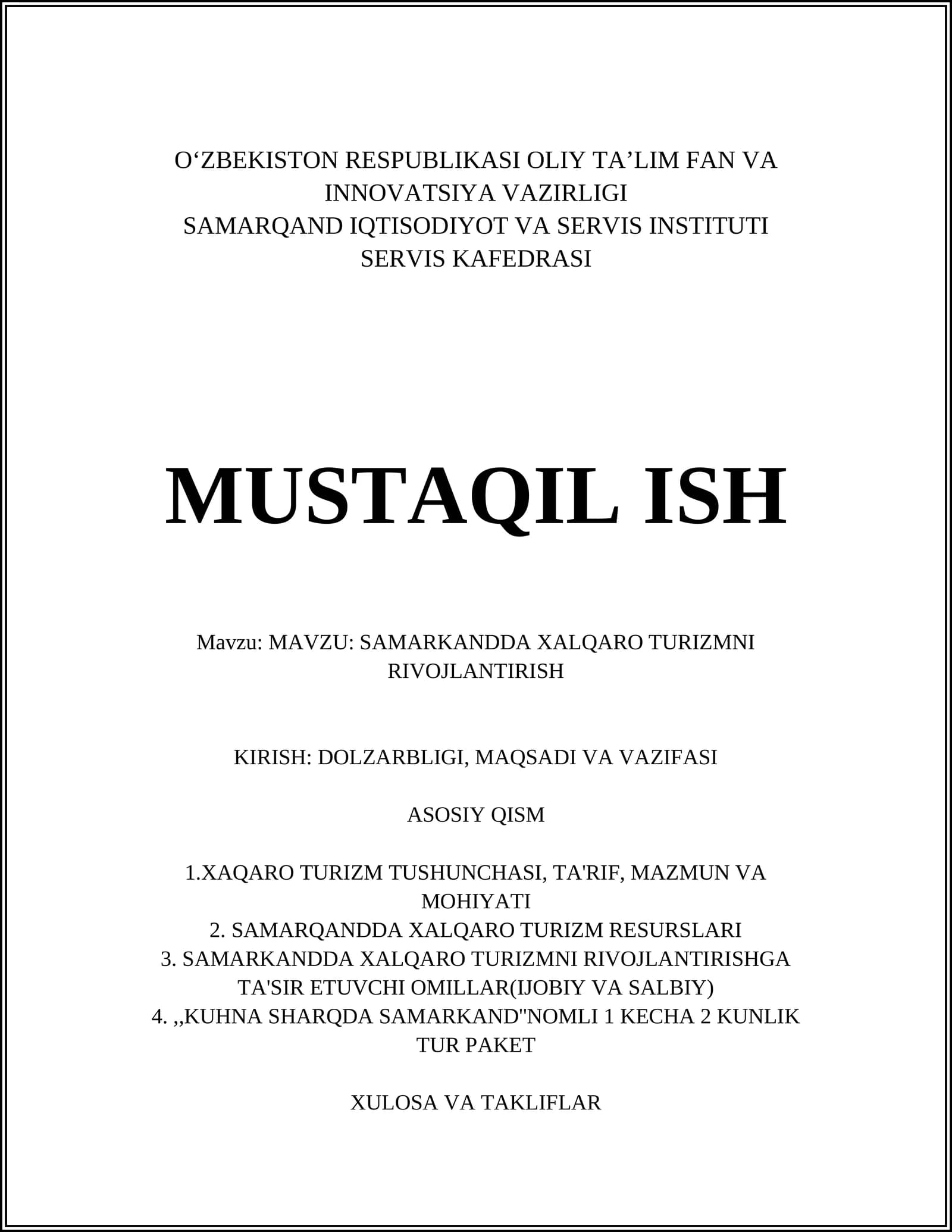 SAMARKANDDA XALQARO TURIZMNI RIVOJLANTIRISH