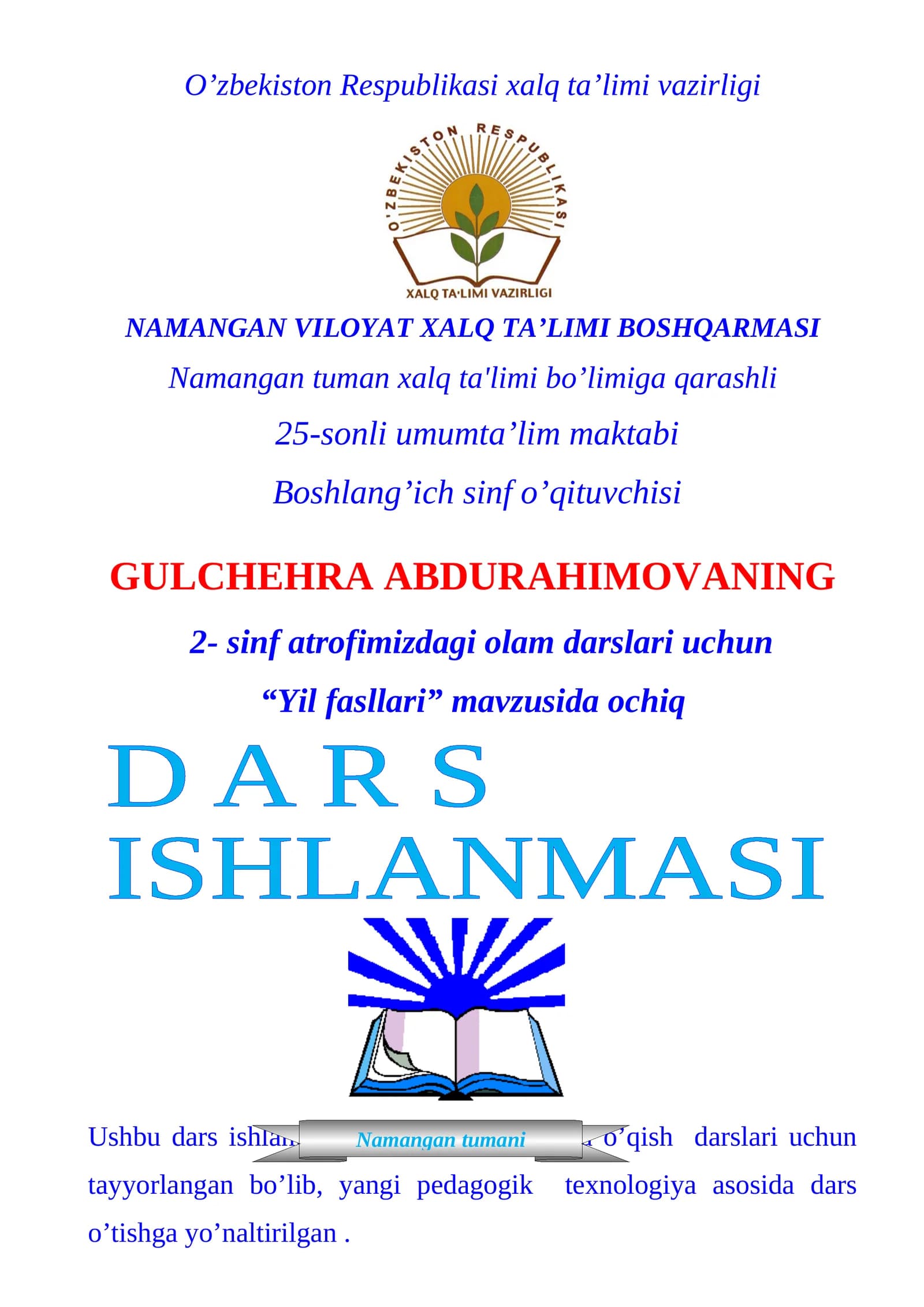 2-sinf Tabiiy Fan (Science) Yil fasllari mavzusida dars ishlanma