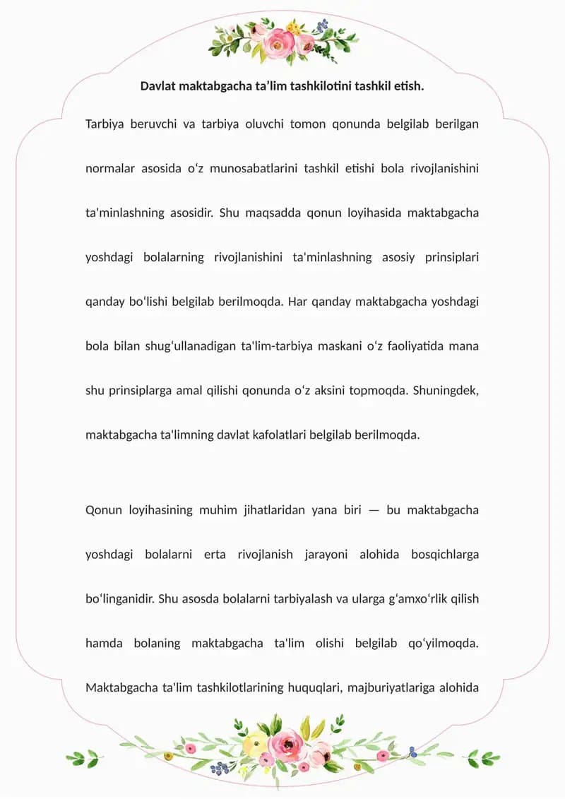 Maktabgacha Ta'lim Tashkilotini Tashkil Etish
