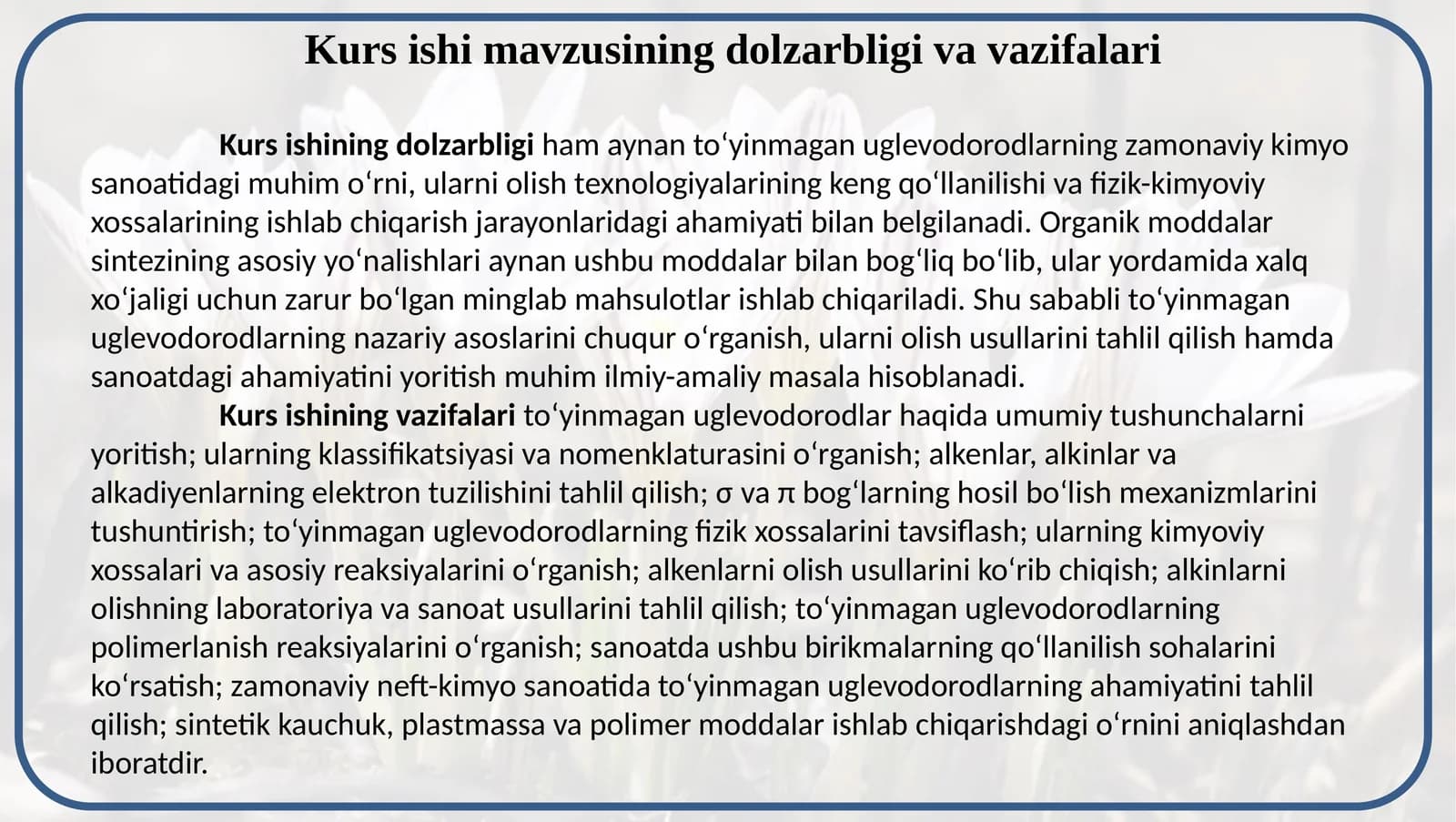 Kurs ishi mavzusining dolzarbligi va vazifalari