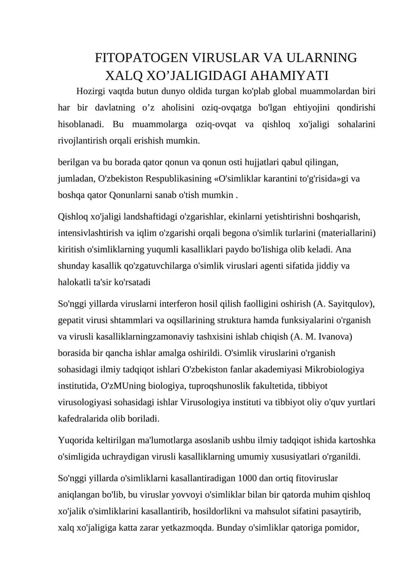 FITOPATOGEN VIRUSLAR VA ULARNING XALQ XO’JALIGIDAGI AHAMIYATI