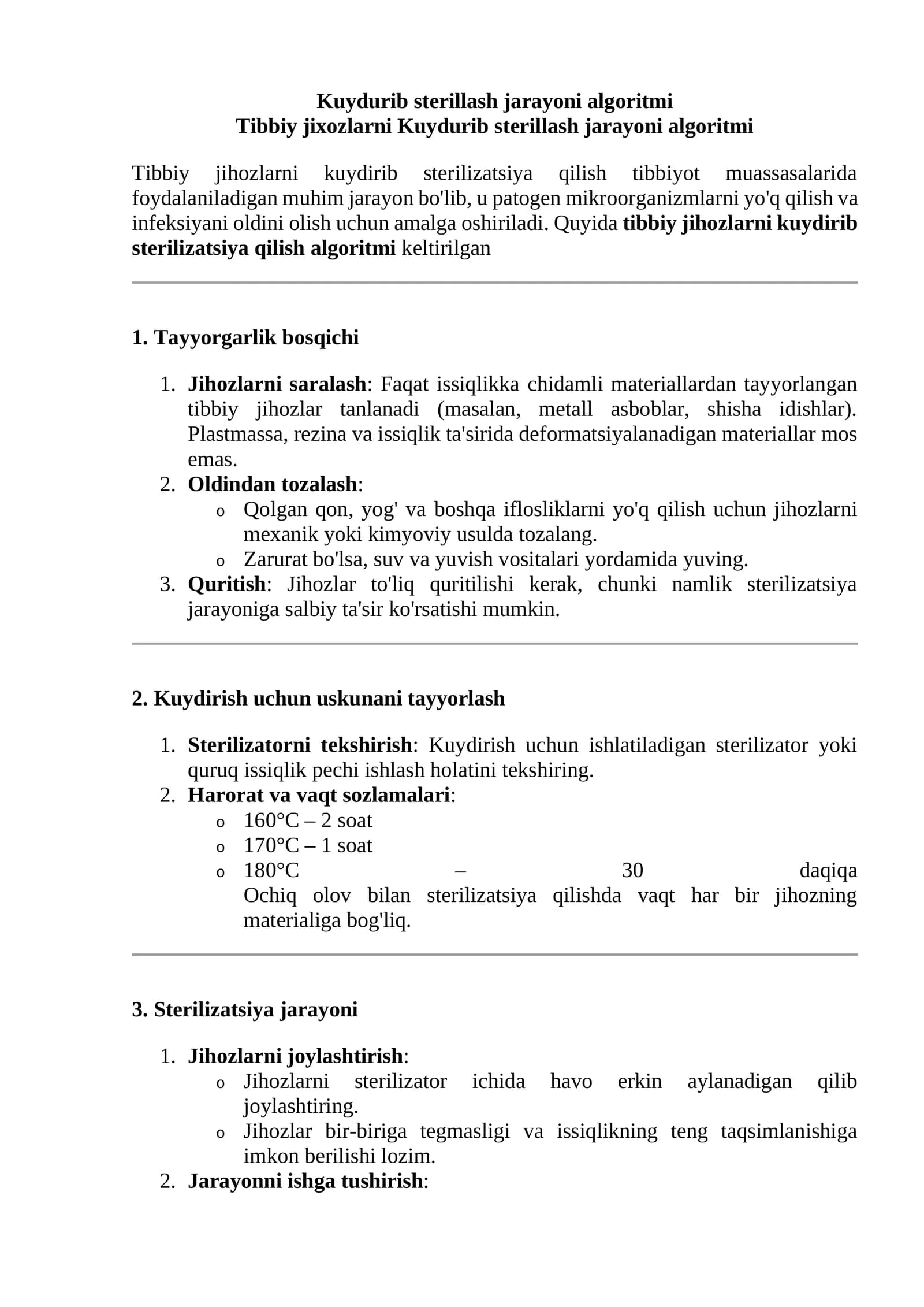 Tibbiy jihozlarni kuydirib sterilizatsiya qilish algoritmi