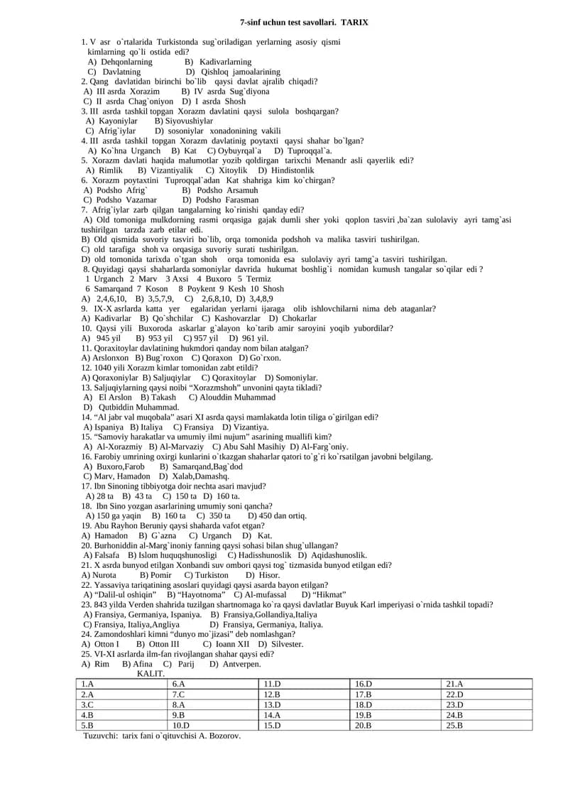 7-sinf uchun test savollari. TARIX