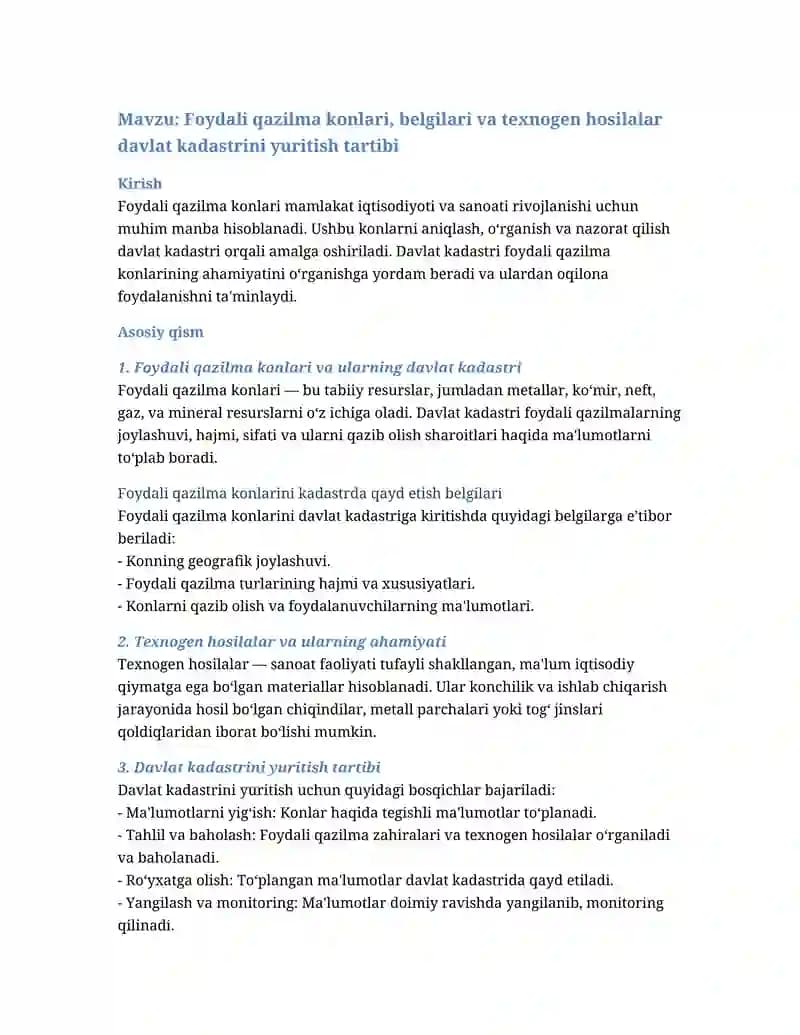 Foydali qazilma konlari, belgilari va texnogen hosilalar davlat kadastrini yuritish tartibi