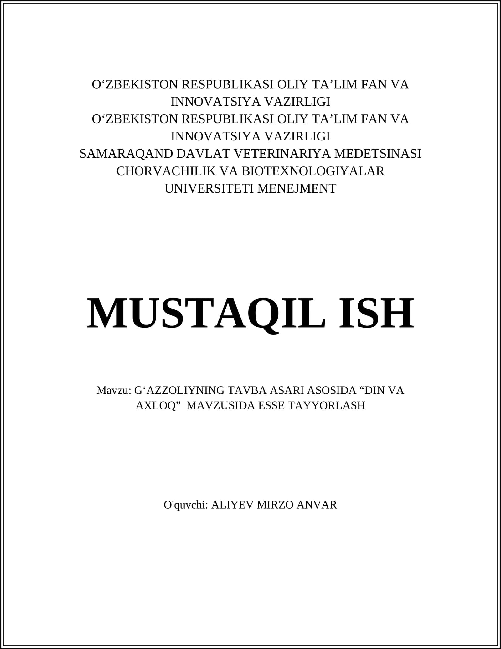 G‘azzoliyning Tavba Asari Asosida “Din va Axloq” Mavzusida Esse Tayyorlash