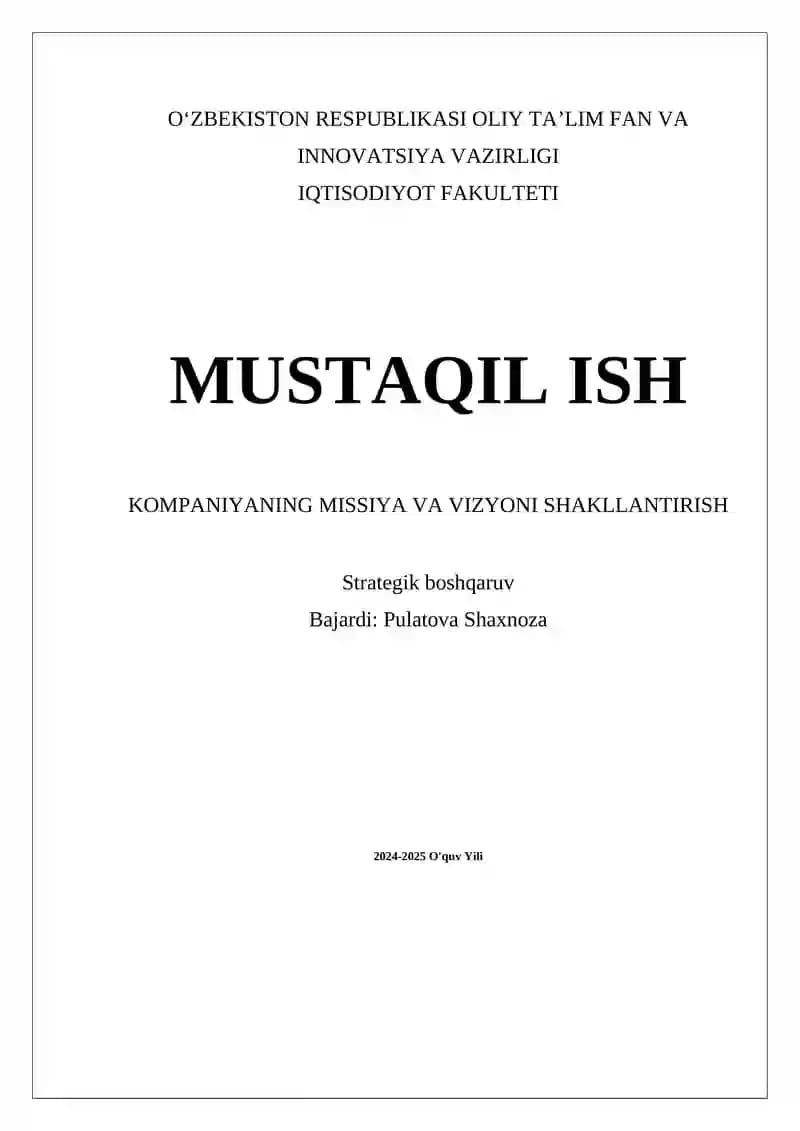 Kompaniyaning missiya va vizyoni shakllantirish