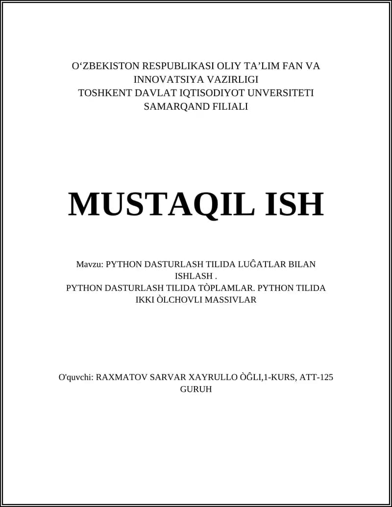 PYTHON DASTURLASH TILIDA LUĜATLAR BILAN ISHLASH