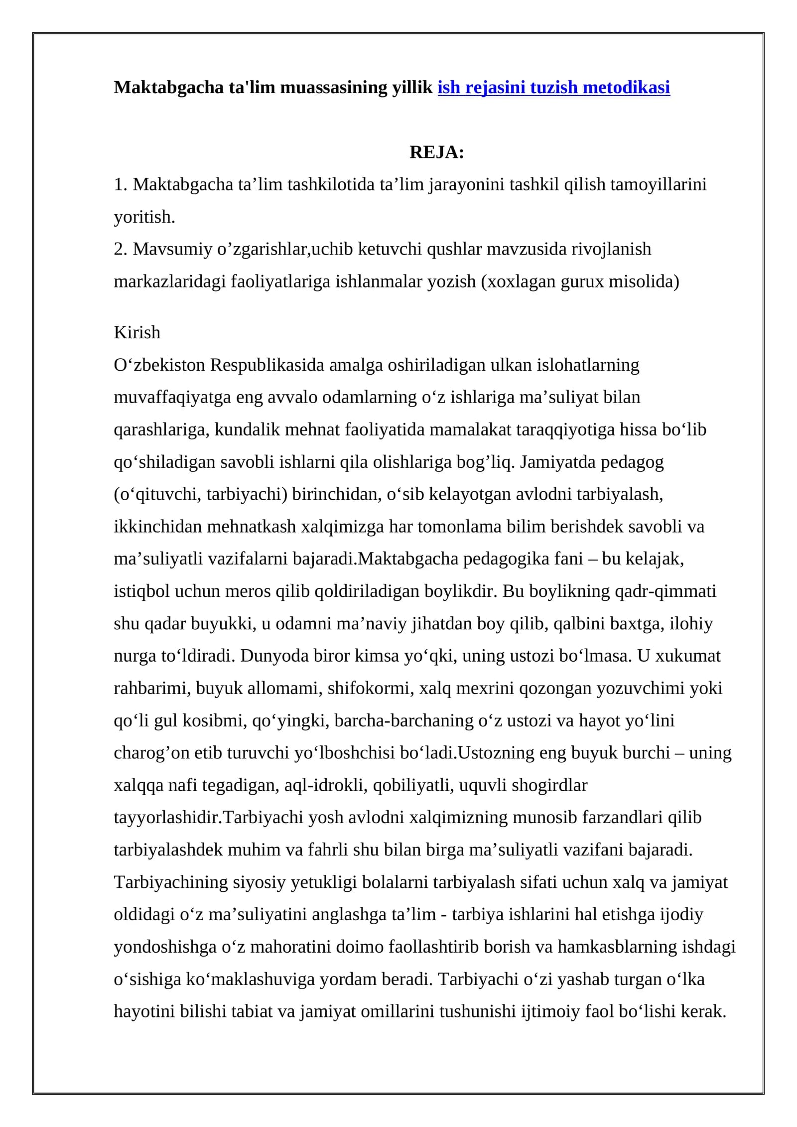 Ish Rejasini Tuzish Metodikasi