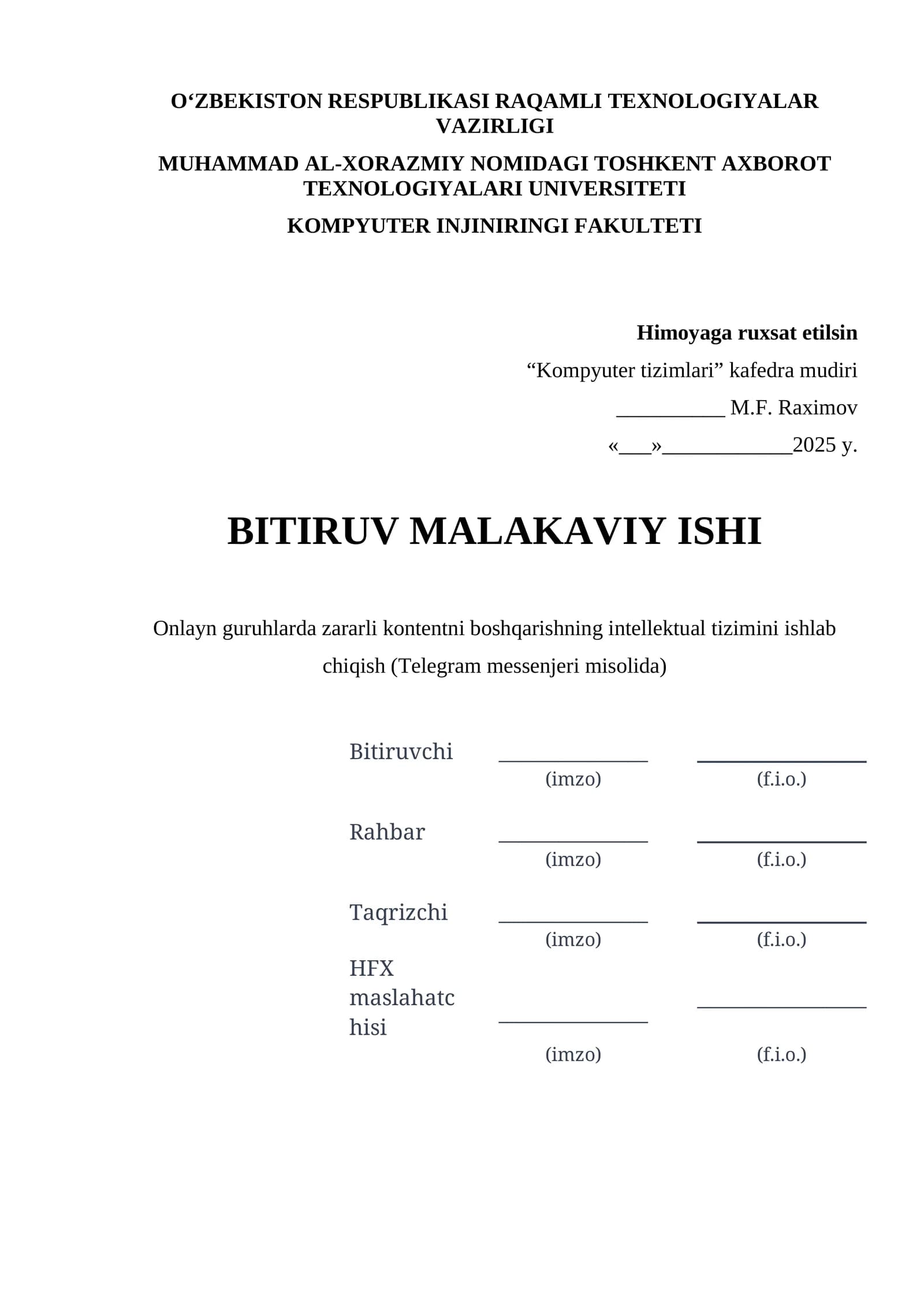 Onlayn guruhlarda zararli kontentni boshqarishning intellektual tizimini ishlab chiqish (Telegram messenjeri misolida)