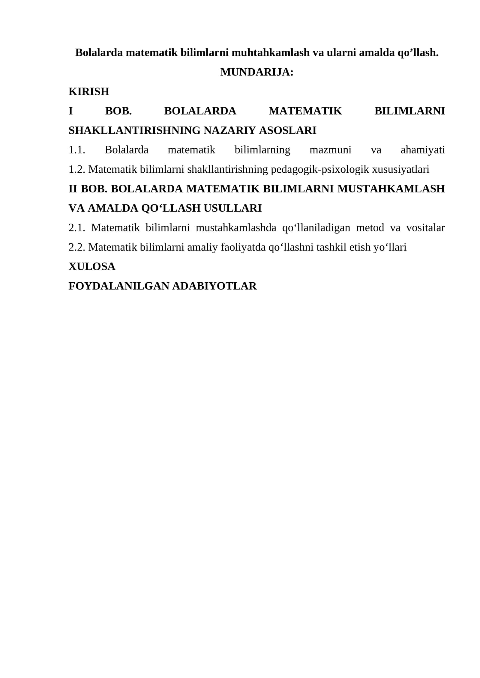 Bolalarda matematik bilimlarni muhtahkamlash va ularni amalda qo’llash