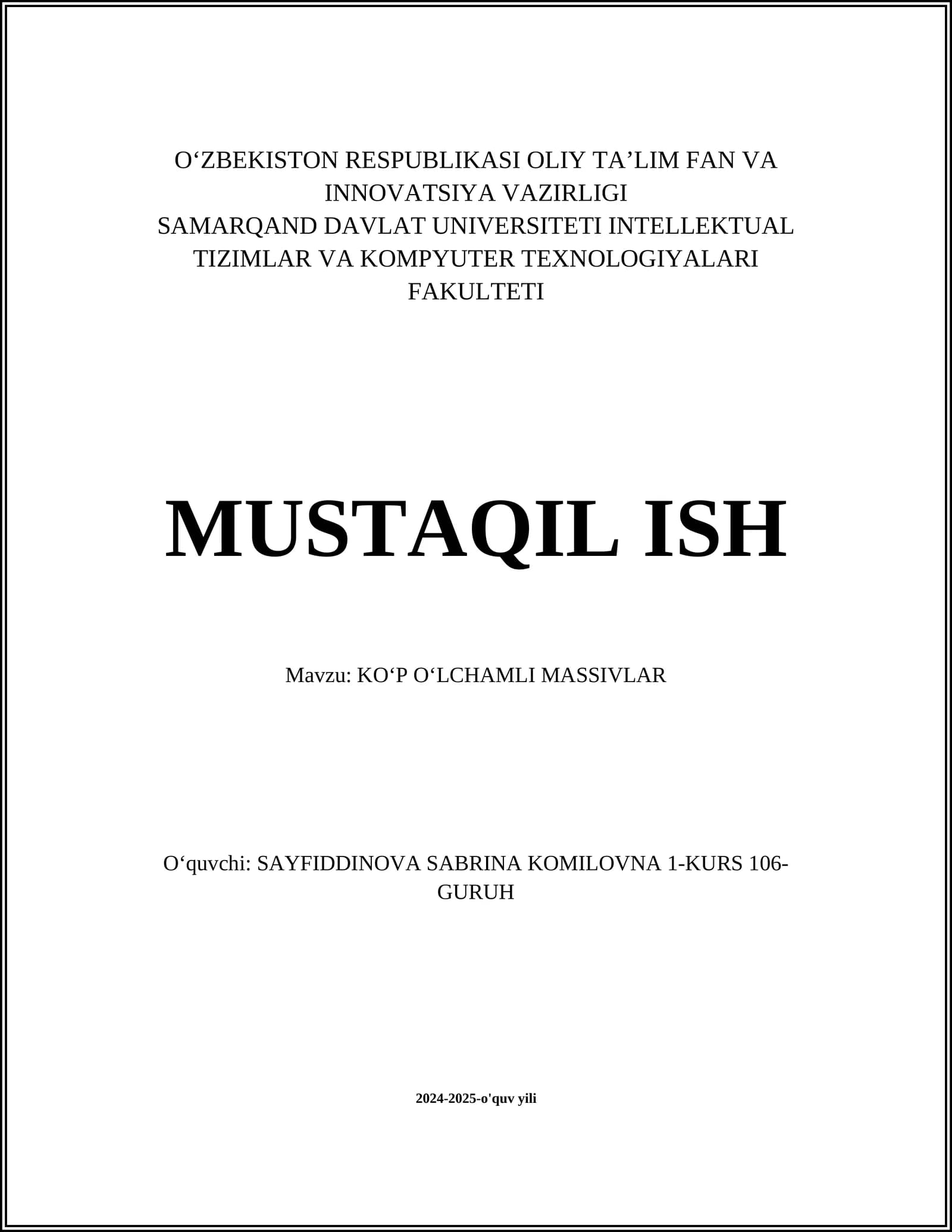 KOʻP OʻLCHAMLI MASSIVLAR