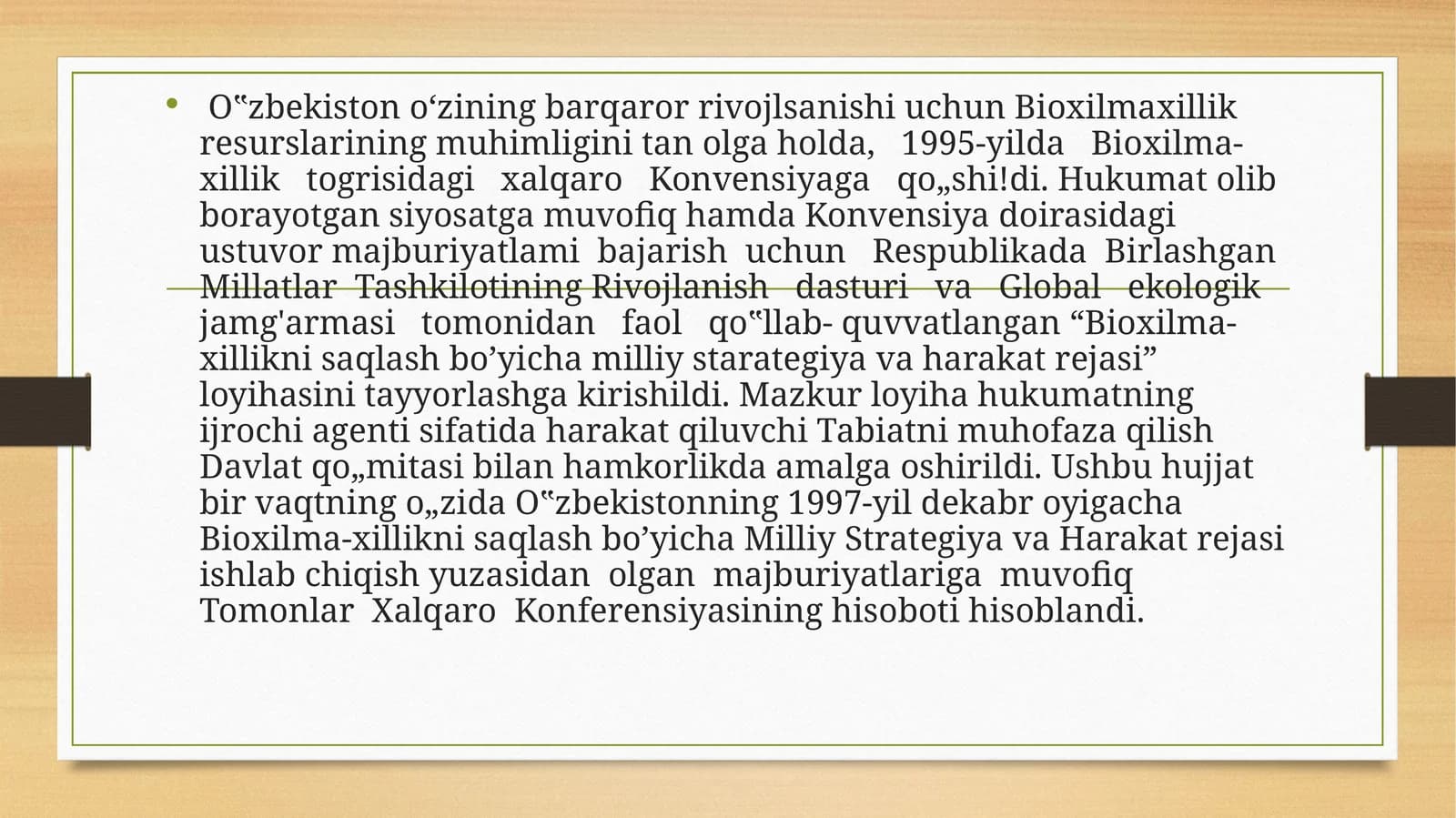 Bioxilma-xillikni saqlash bo’yicha milliy starategiya va harakat rejasi
