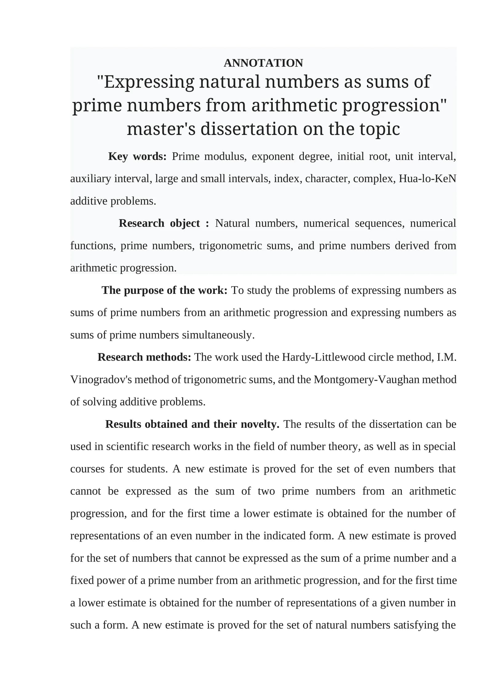 Expressing natural numbers as sums of prime numbers from arithmetic progression