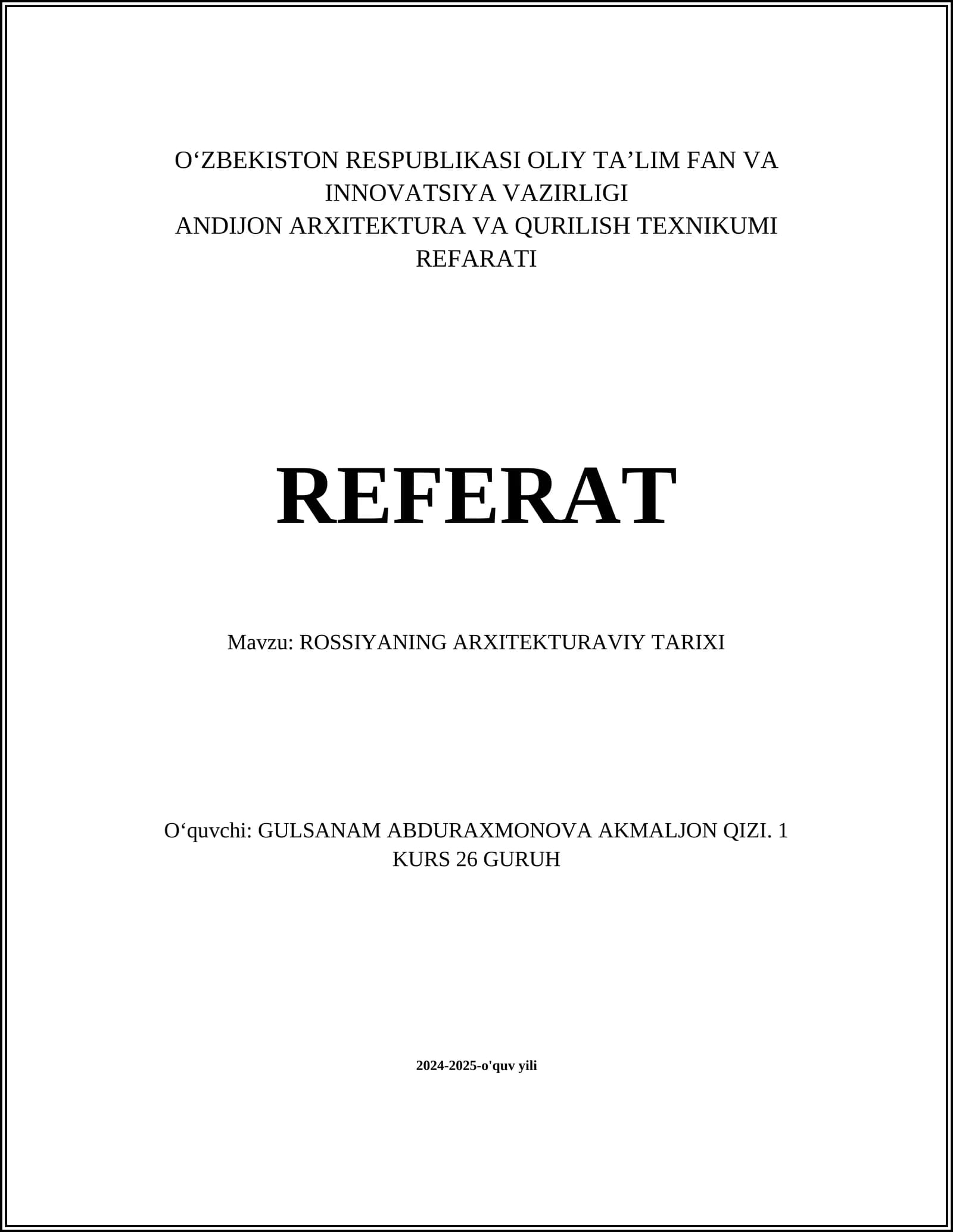 ROSSIYANING ARXITEKTURAVIY TARIXI