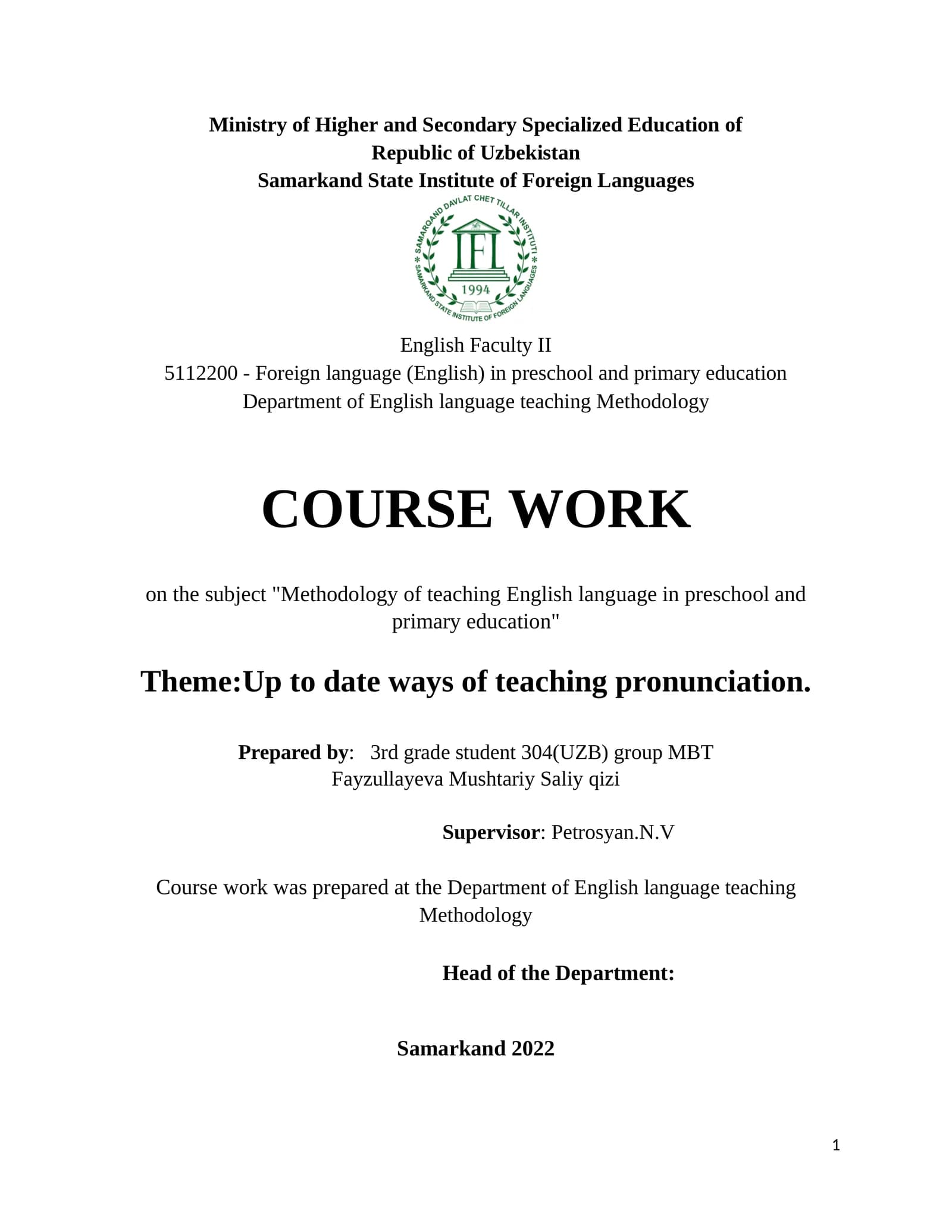 Methodology of teaching English language in preschool and primary education