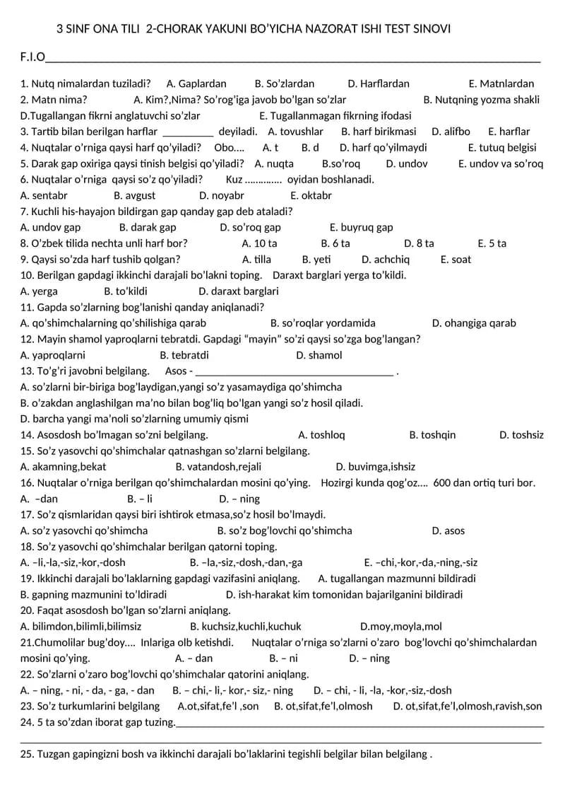 3 SINF ONA TILI 2-CHORAK YAKUNI BO’YICHA NAZORAT ISHI TEST SINOVI