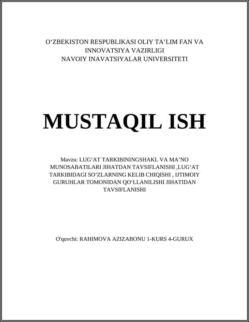 LUGʻAT TARKIBININGSHAKL VA MAʼNO MUNOSABATILARI JIHATDAN TAVSIFLANISHI