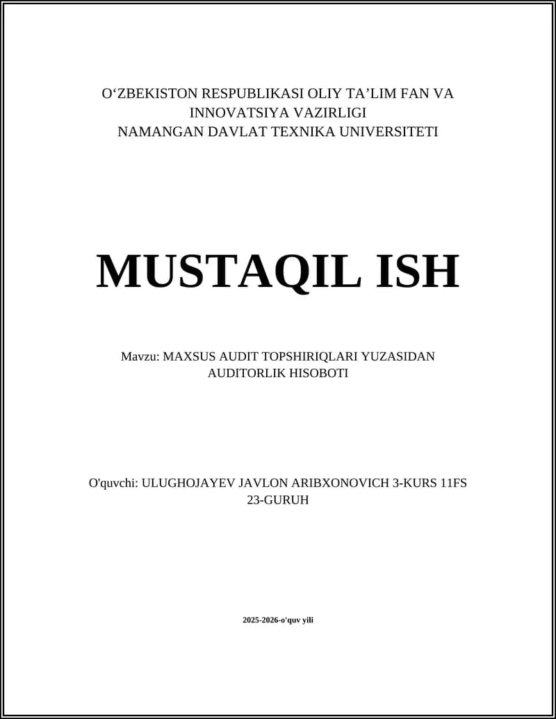 MAXSUS AUDIT TOPSHIRIQLARI YUZASIDAN AUDITORLIK HISOBOTI
