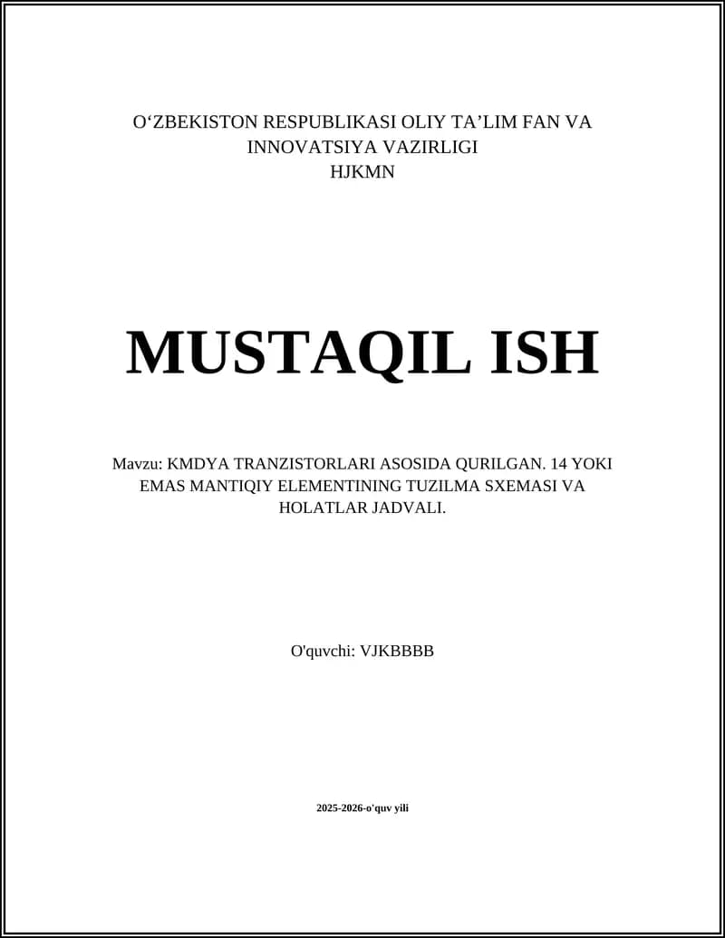 KMDYA Tranzistorlari Asosida Qurilgan 14 yoki Emas Mantiqiy Elementi