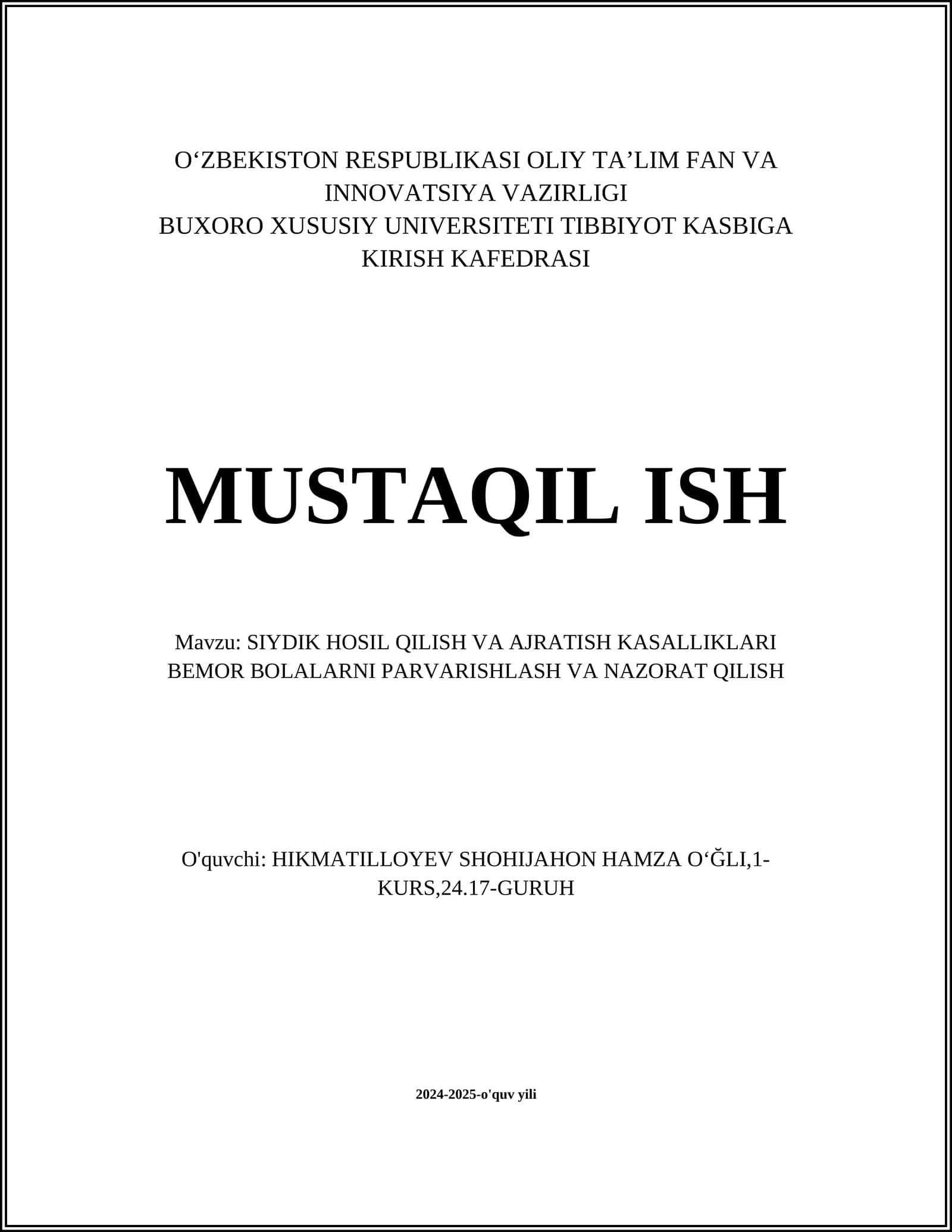 SIYDIK HOSIL QILISH VA AJRATISH KASALLIKLARI BEMOR BOLALARNI PARVARISHLASH VA NAZORAT QILISH