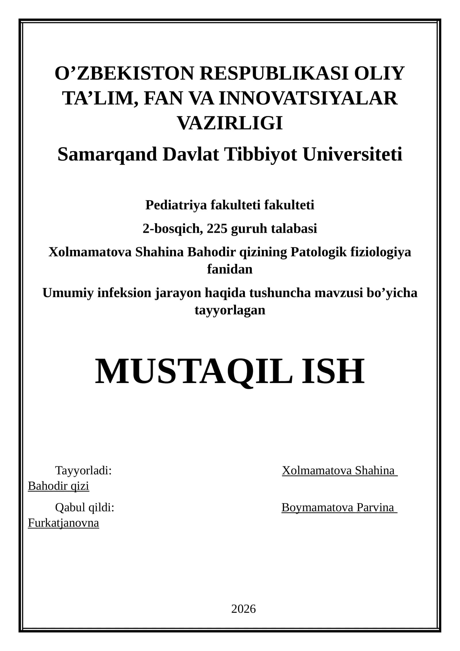 Umumiy infeksion jarayon haqida tushuncha mavzusi