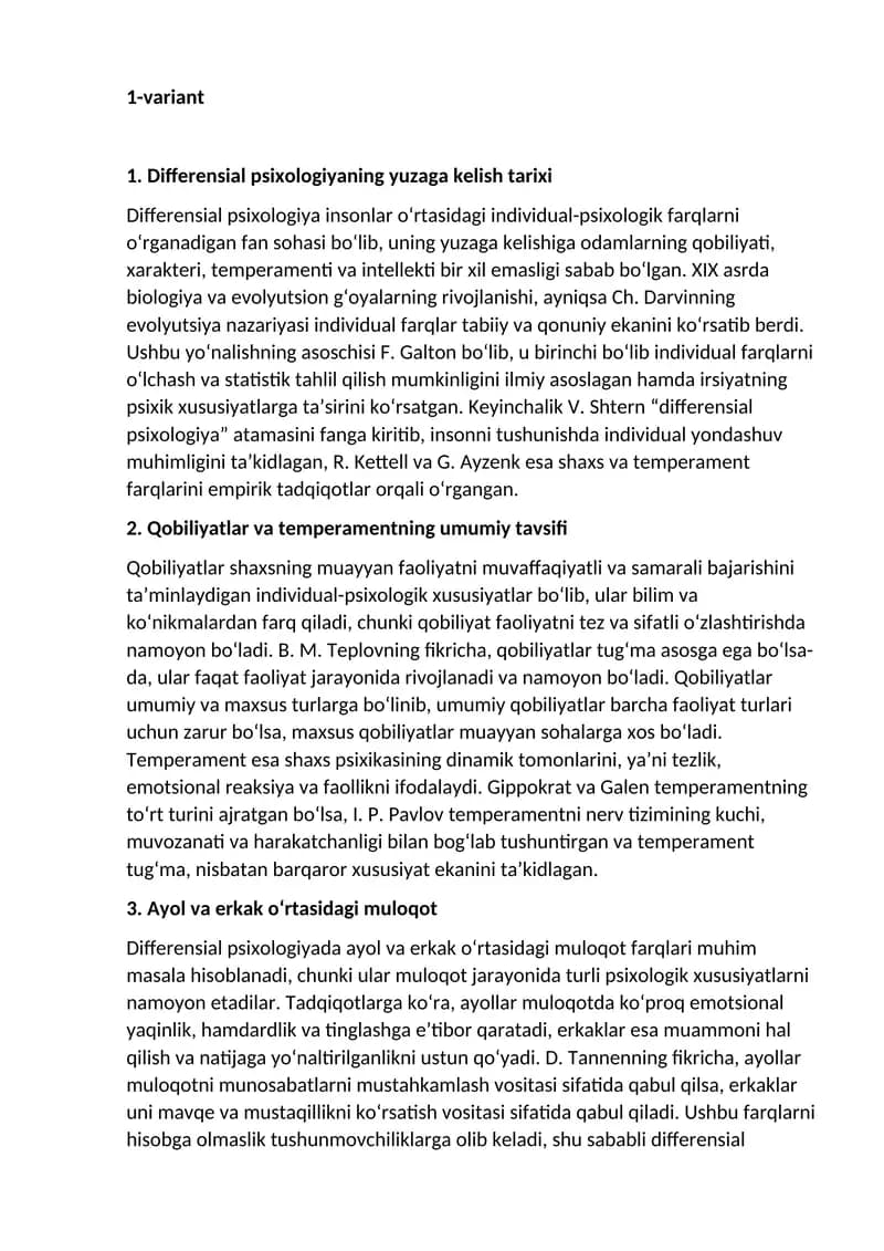 Differensial psixologiyaning yuzaga kelish tarixi