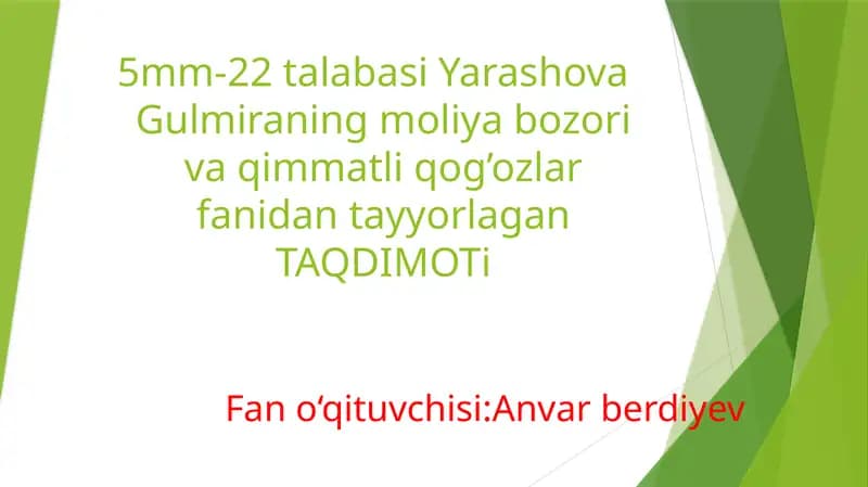 Xalqaromoliya institutlarining moliya bozori va qimmatli qog'ozlar fanidan tayyorlagan TAQDIMOT