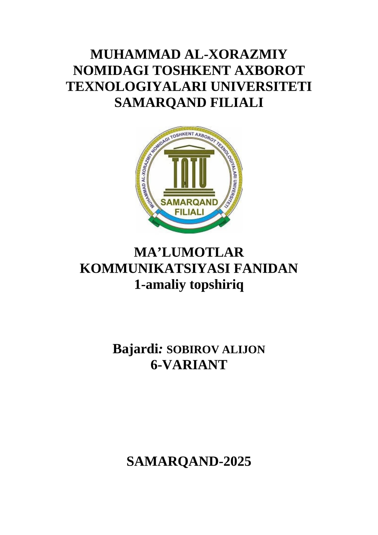 MA’LUMOTLAR KOMMUNIKATSIYASI FANIDAN