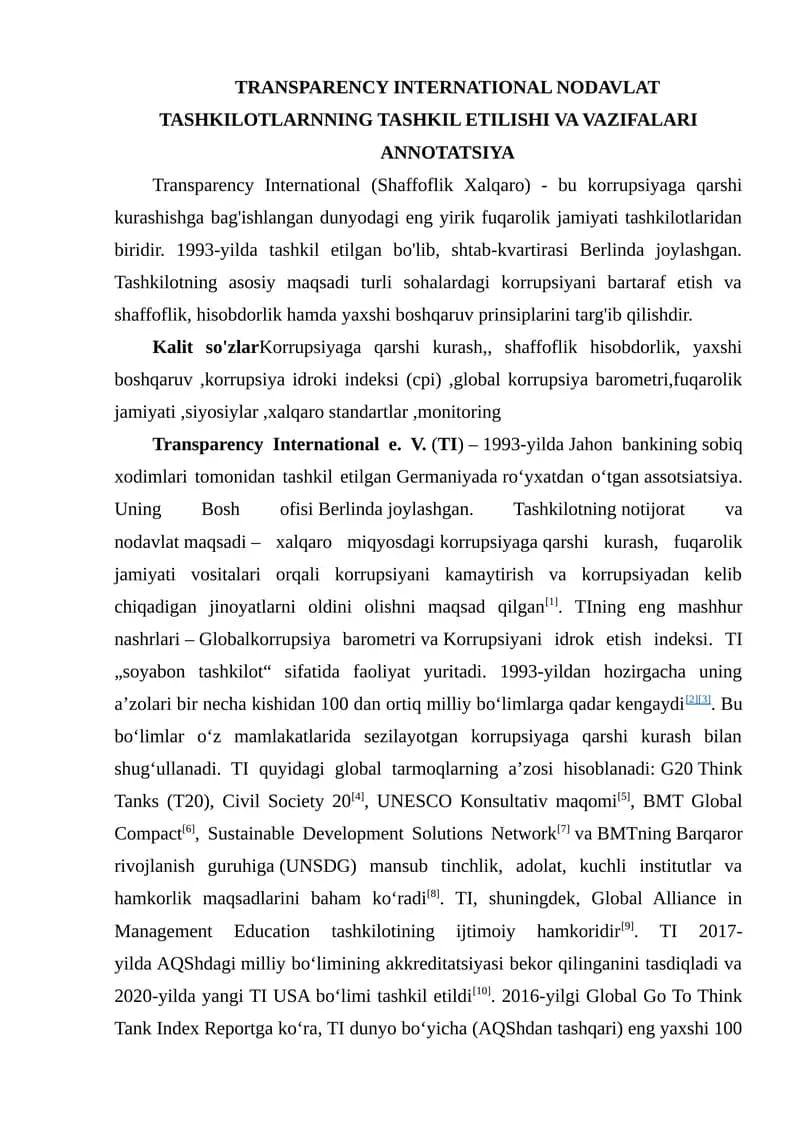 Transparency International NODAVLAT TASHKILOTLARNNING TASHKIL ETILISHI VA VAZIFALARI