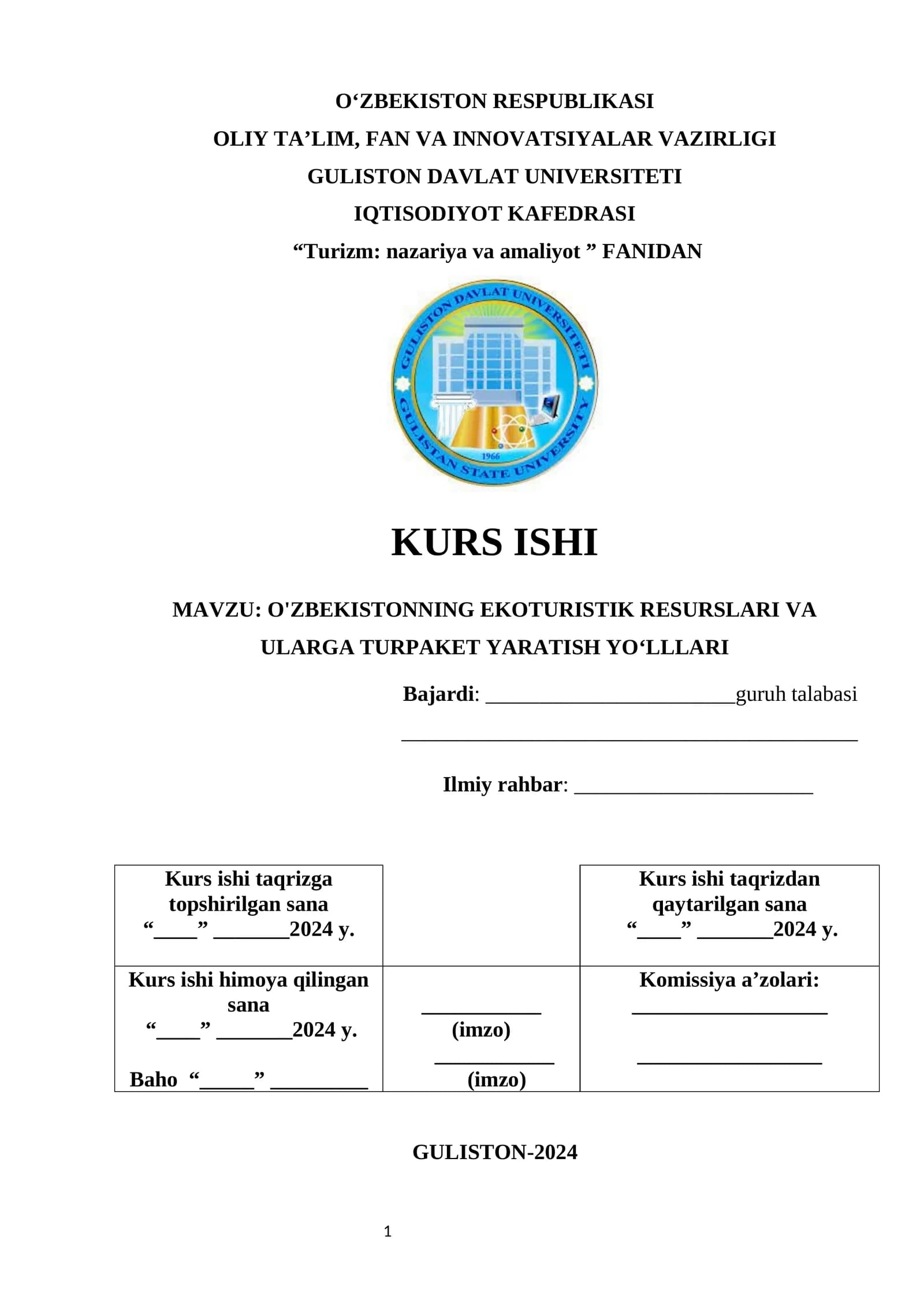 Turizm: nazariya va amaliyot KURS ISHI