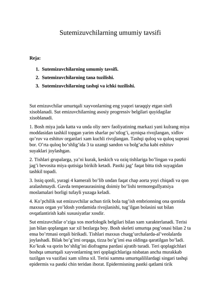 Sutemizuvchilarning umumiy tavsifi