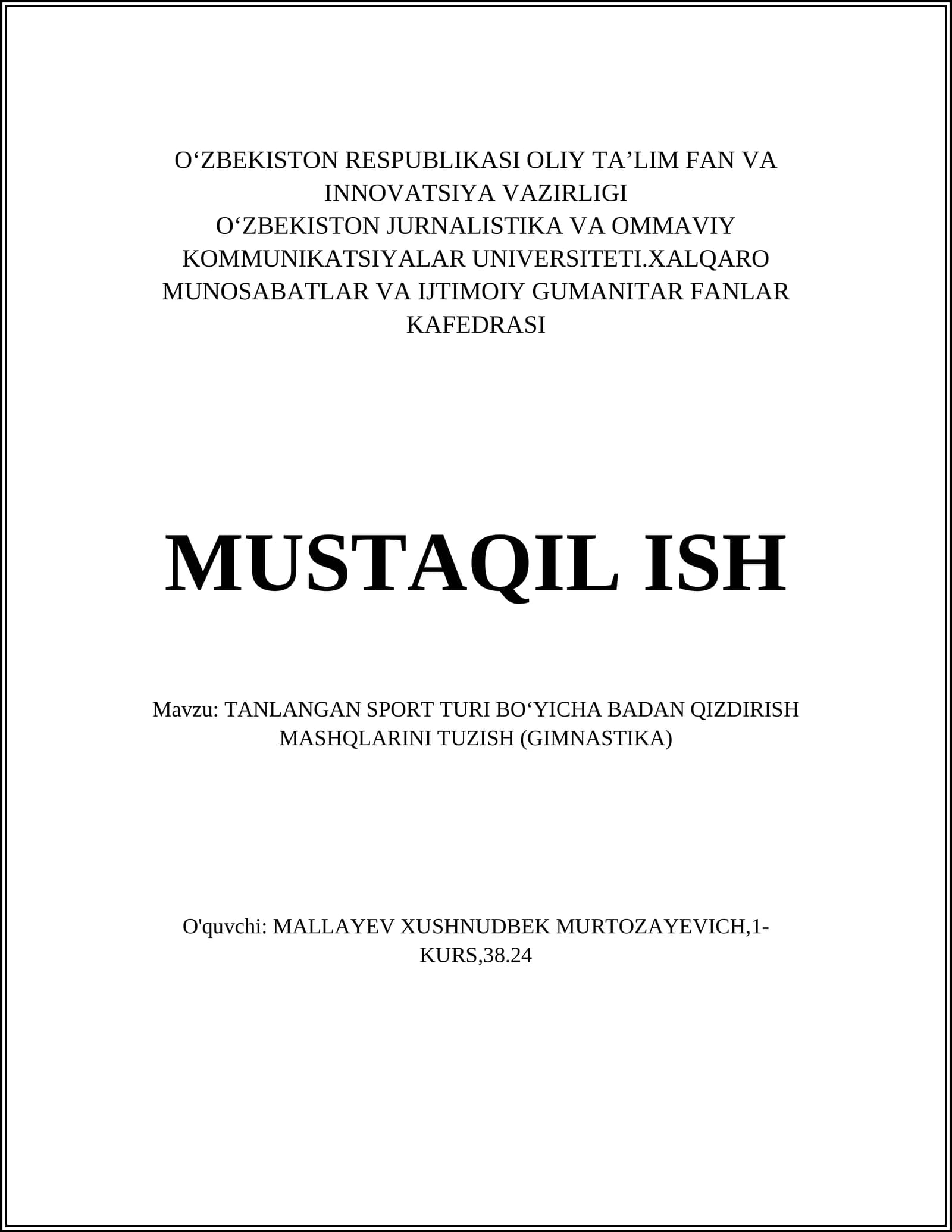 TANLANGAN SPORT TURI BOʻYICHA BADAN QIZDIRISH MASHQLARINI TUZISH (GIMNASTIKA)