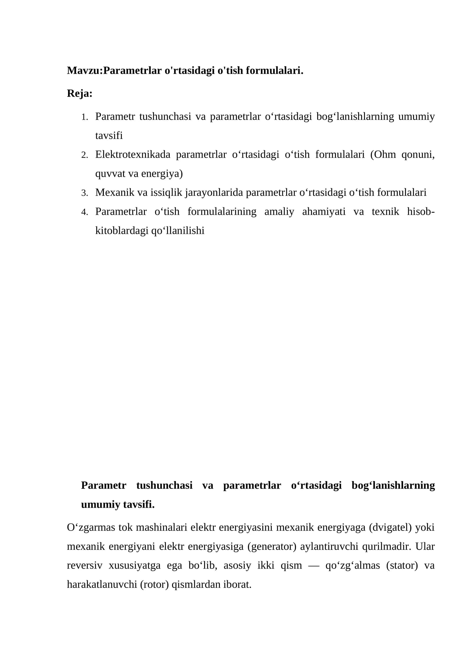 Parametrlar o'rtasidagi o'tish formulalari