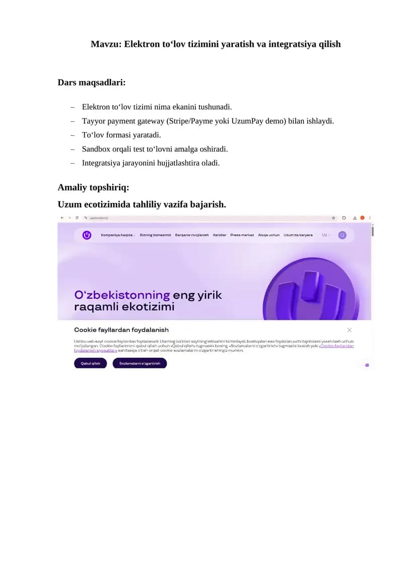 Elektron to‘lov tizimini yaratish va integratsiya qilish