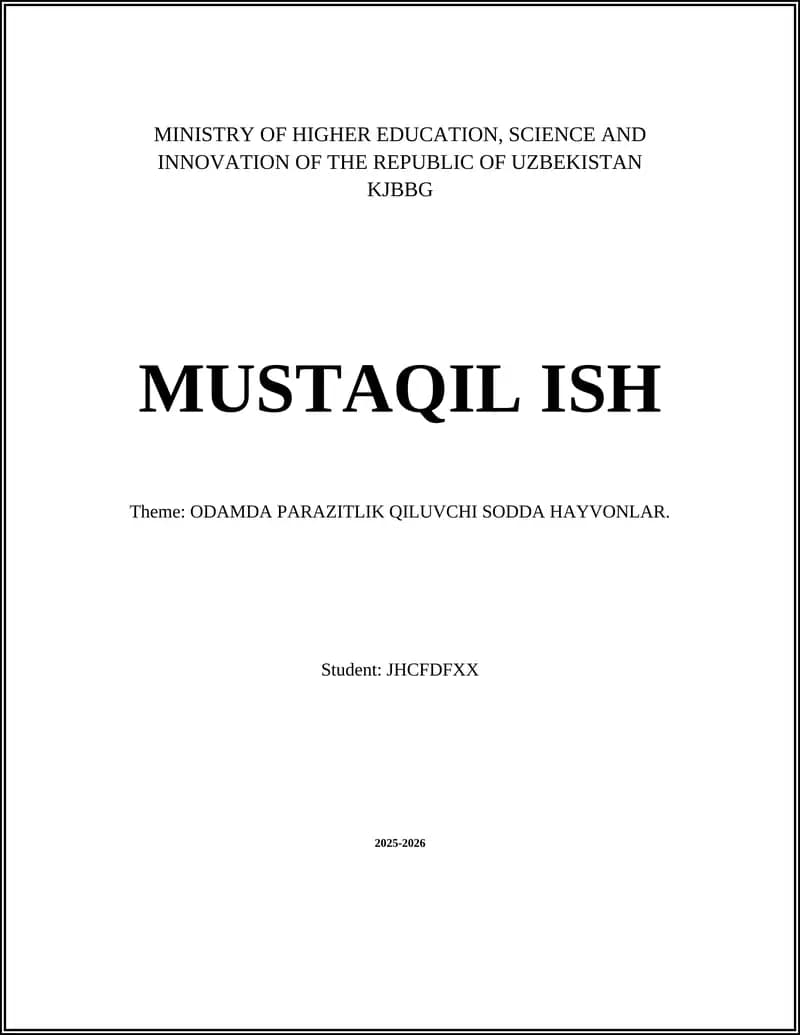 ODAMDA PARAZITLIK QILUVCHI SODDA HAYVONLAR