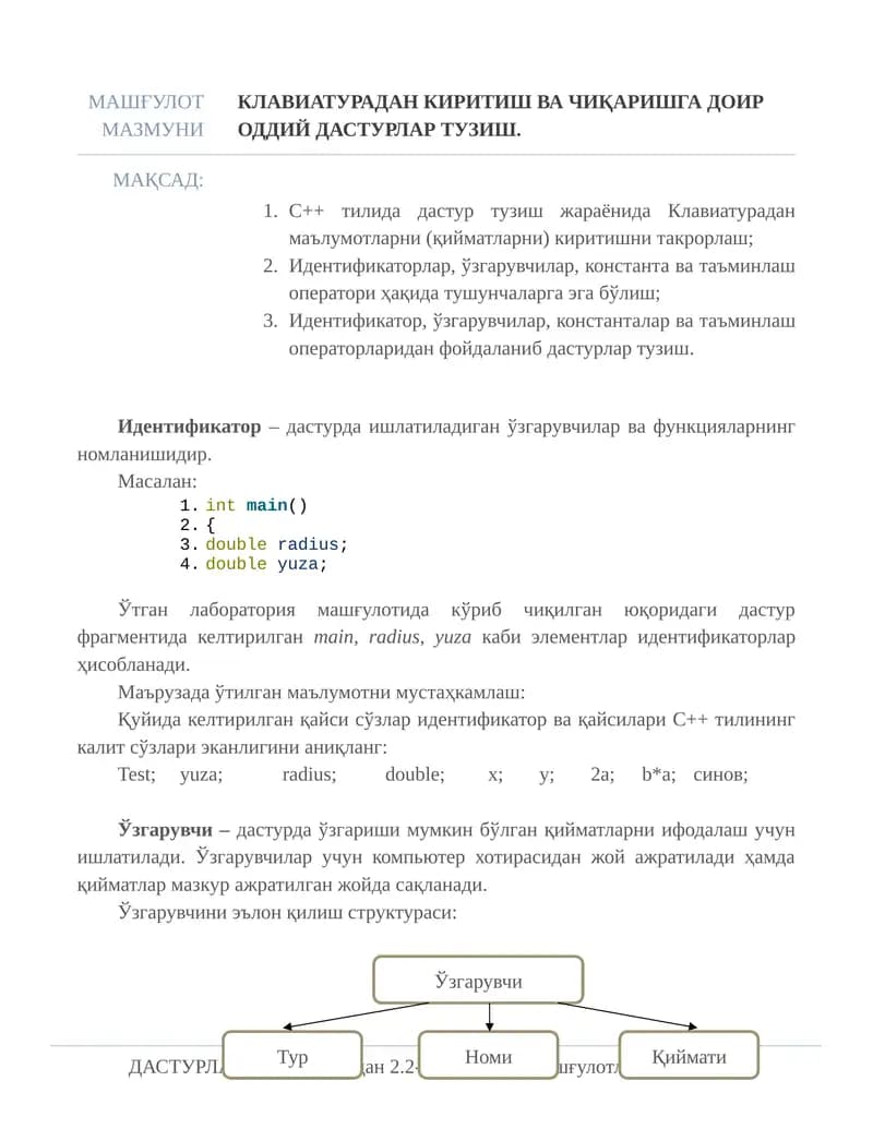 Клавиатурадан киритиш ва чиқаришга доир оддий дастурлар тузиш.