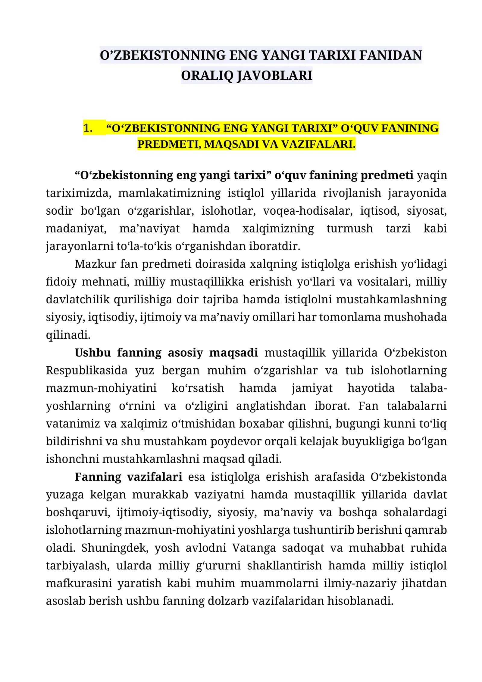 O'zbekistonning eng yangi tarixi fanidan oraliq nazorati javoblari