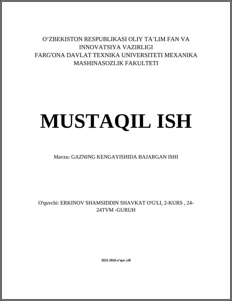 Gazning Kengayishida Bajarilgan Ish