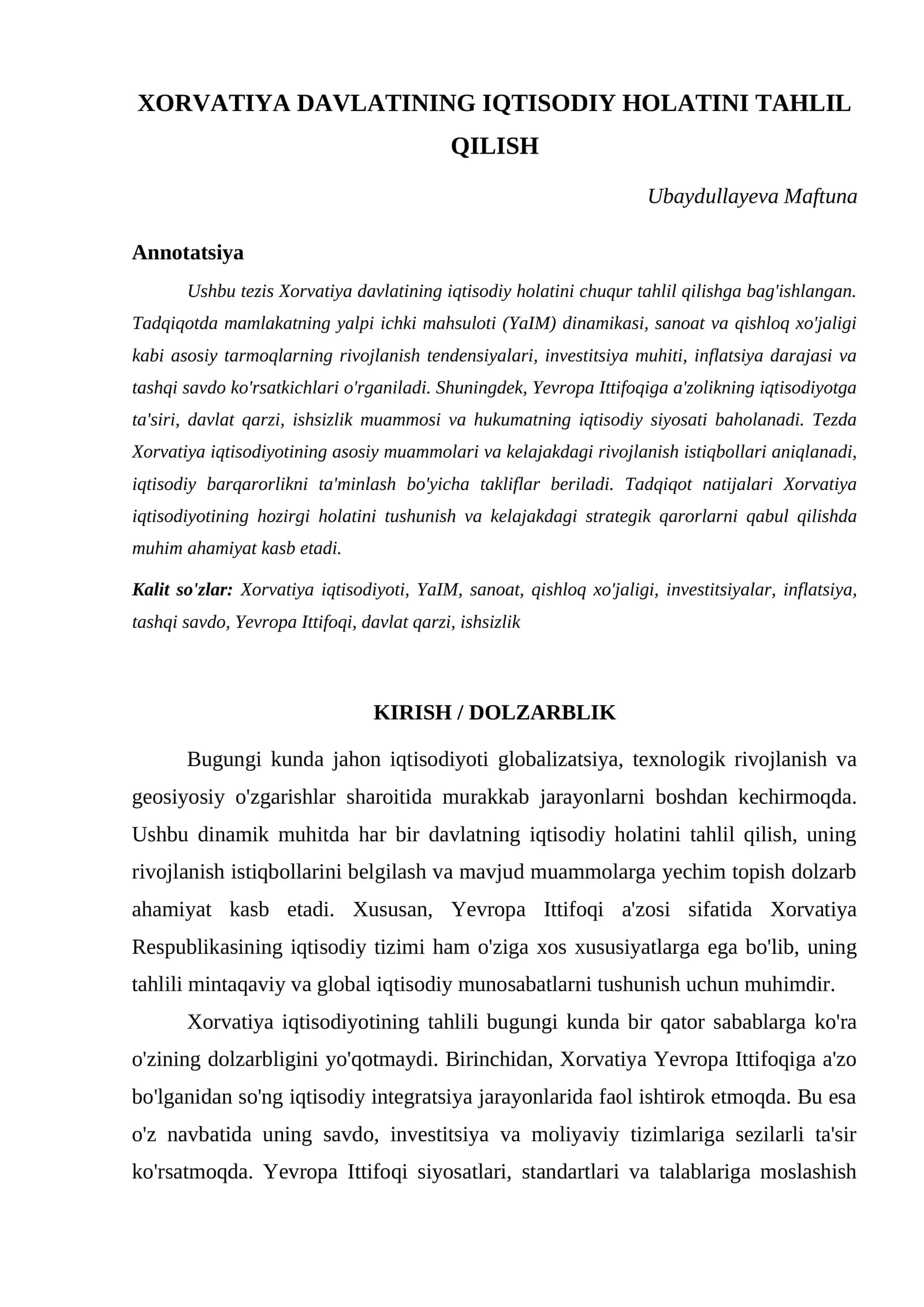 XORVATIYA DAVLATINING IQTISODIY HOLATINI TAHLIL QILISH