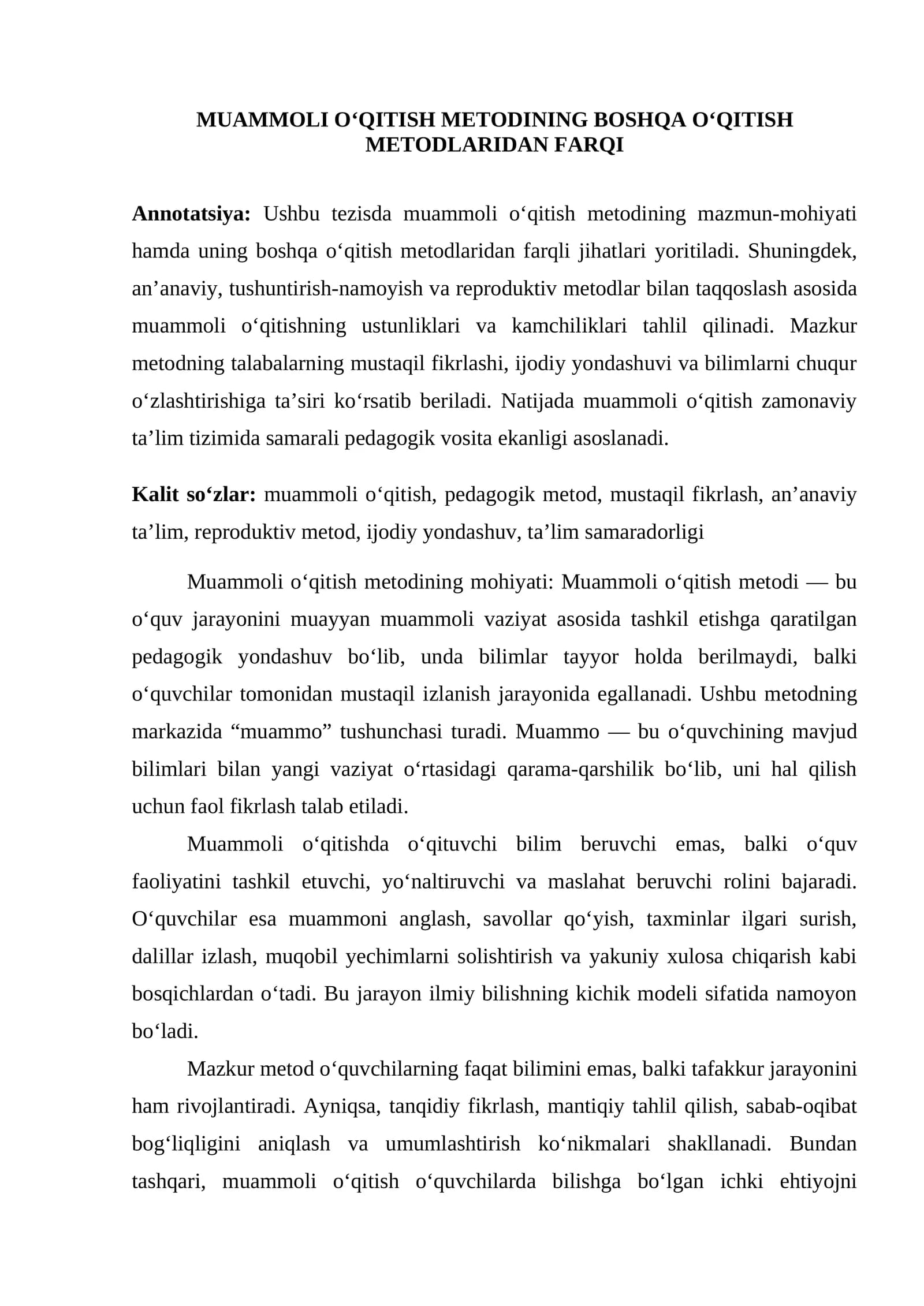 Muammoli O‘qitish Metodining Farqi