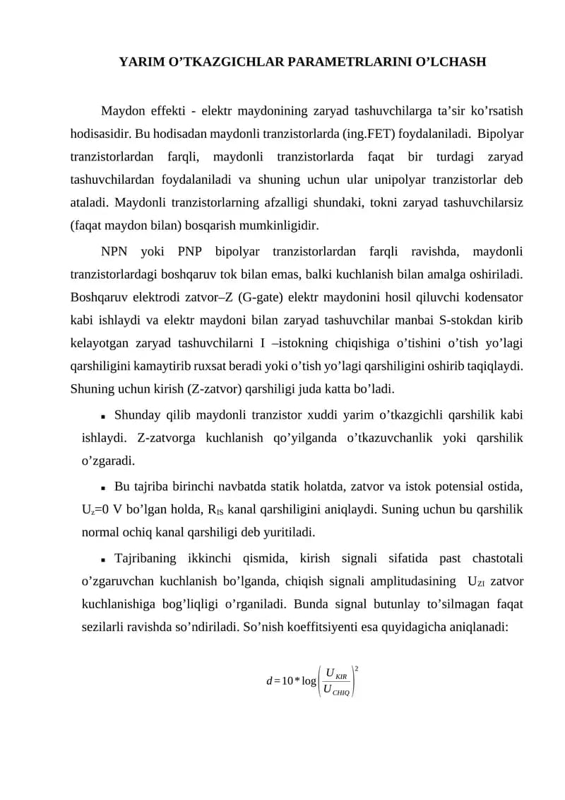 YARIM O’TKAZGICHLAR PARAMETRLARINI O’LCHASH