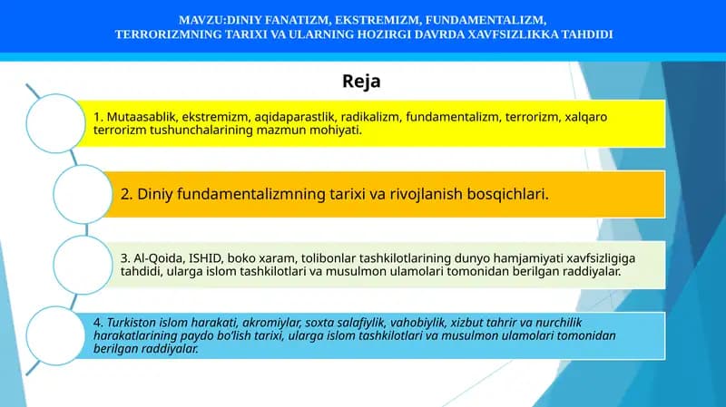 DINIY FANATIZM, EKSTREMIZM, FUNDAMENTALIZM,  TERRORIZMNING TARIXI VA ULARNING HOZIRGI DAVRDA XAVFSIZLIKKA TAHDIDI