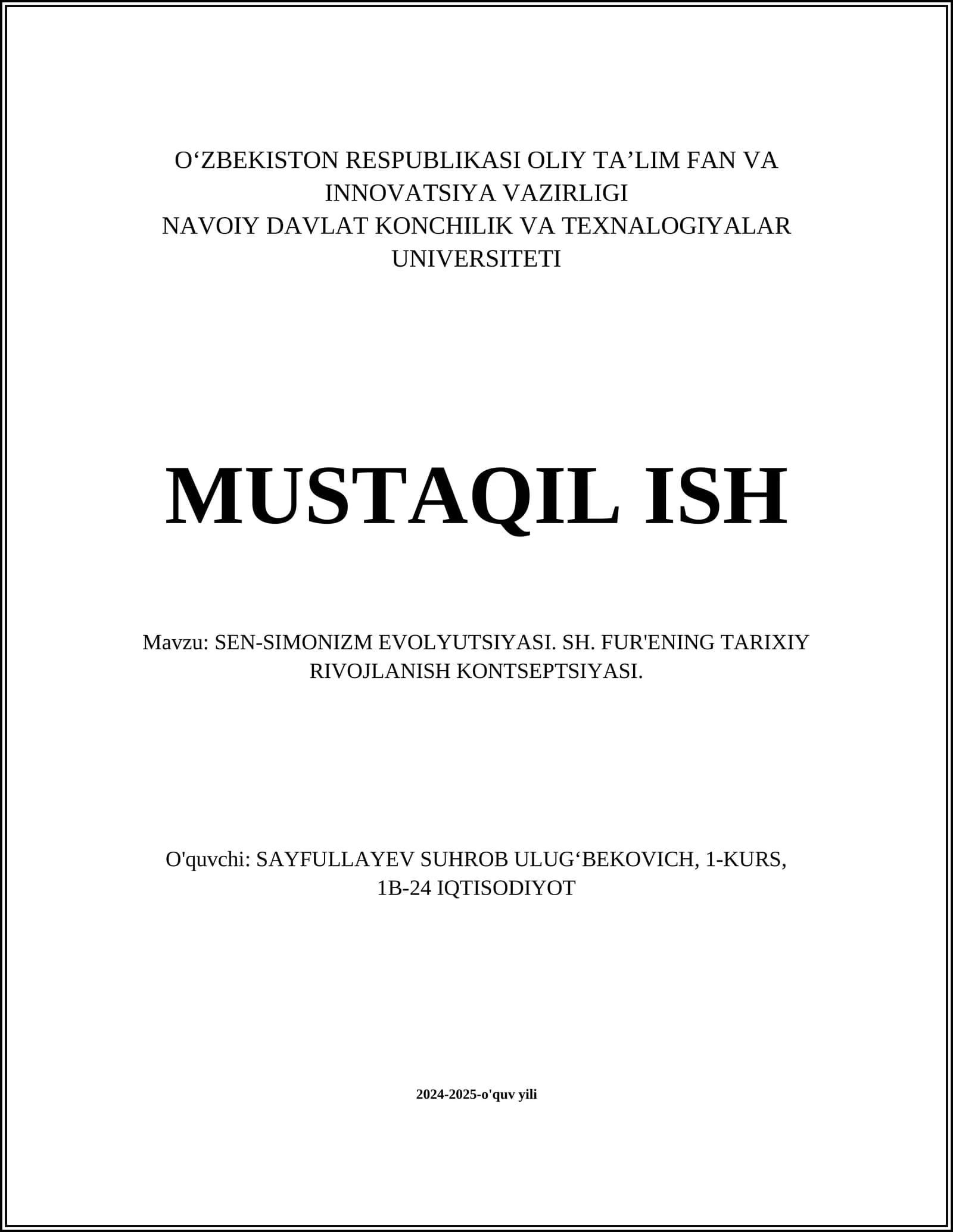 SEN-SIMONIZM EVOLYUTSIYASI. SH. FUR'ENING TARIXIY RIVOJLANISH KONTSEPTSIYASI