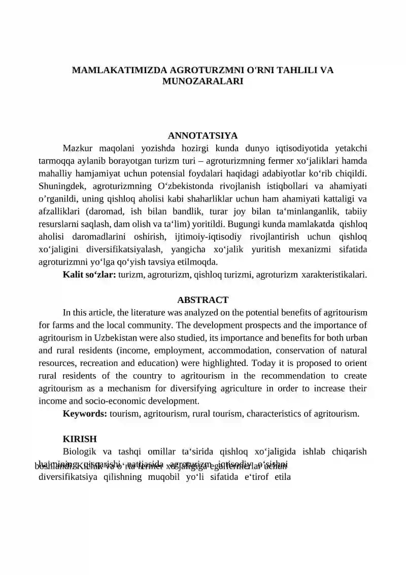 AGROTURZMNI O'RNI TAHLILI VA MUNOZARALARI